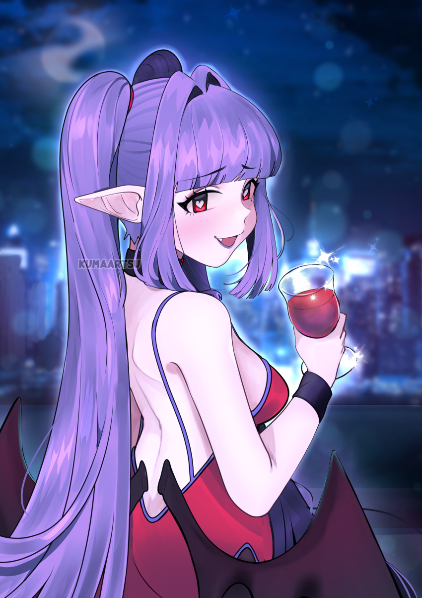 1girl absurdres blunt_bangs blurry blurry_background detached_collar hair_intakes heart heart-shaped_pupils highres kumaartsu long_hair looking_at_viewer open_mouth original purple_hair red_eyes sidelocks sleeveless solo symbol-shaped_pupils twintails white_background wings