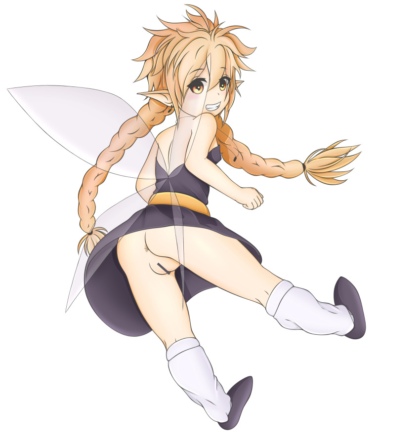1girl absurdres anus bar_censor belt blonde_hair braid breasts censored demon_lord dot_nose dress fairy fairy_wings fat_mons female_focus flying from_behind from_below gold_belt grin highres long_hair looking_at_viewer looking_back matching_hair/eyes no_panties orange_eyes pointy_ears purewhitekirino purple_dress pussy ramiris shoes small_breasts smile socks solo tensei_shitara_slime_datta_ken transparent_background twin_braids upskirt very_long_hair white_socks wings