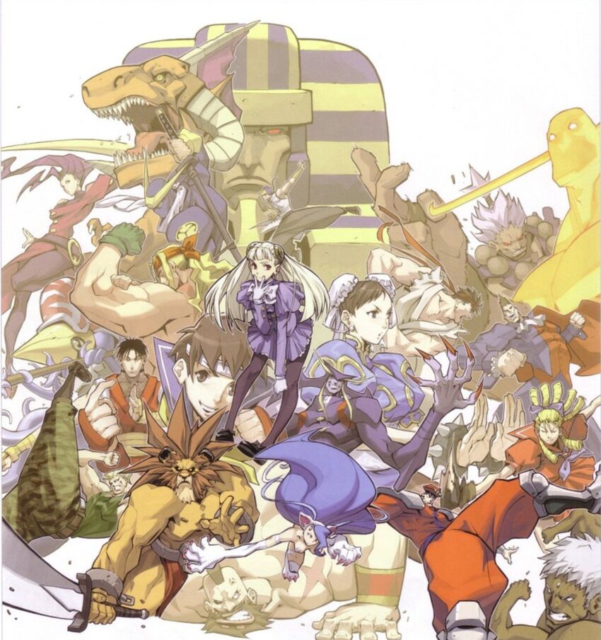 akuma_(street_fighter) alex_(street_fighter) anakaris arnold_tsang capcom capcom_fighting_jam chun-li felicia_(darkstalkers) guy_(final_fight) highres ingrid_(capcom) kanzuki_karin m._bison pyron rose_(street_fighter) scar scar_on_shoulder simple_background street_fighter topless_male urien zangief