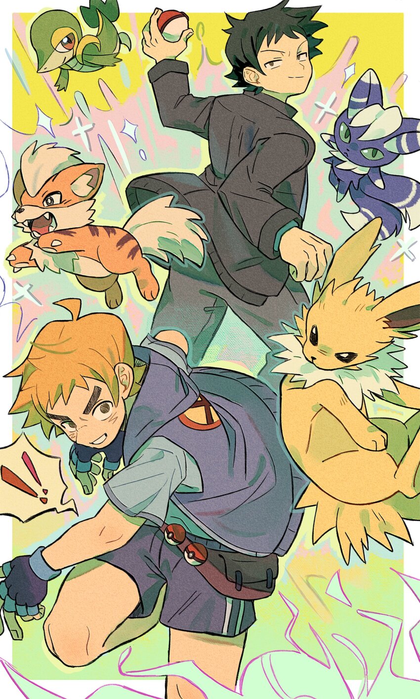 ! !! 2boys absurdres adapted_costume ahoge black_hair black_jacket blue_jacket blue_shorts border crossover fingerless_gloves gen_1_pokemon gen_5_pokemon gen_6_pokemon gloves grey_pants growlithe highres holding holding_poke_ball hood hooded_jacket jacket jolteon male_focus meowstic meowstic_(male) multiple_boys nintendo orange_hair pants poke_ball poke_ball_(basic) pokemon pokemon_(creature) scott_pilgrim scott_pilgrim_(comics) scott_pilgrim_(series) short_hair shorts snivy wallace_wells white_border xxyang4747