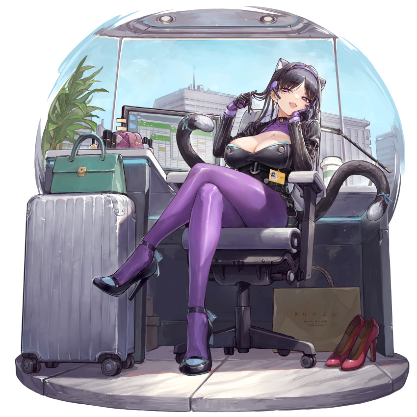 1girl :3 animal_ears artist_request bag bell black_gloves black_hair black_shoes bodystocking breasts cat_ears cat_girl cat_tail city cleavage_cutout clothing_cutout clutch_purse collar desk dress elbow_rest full_body game_cg girls&#039;_frontline girls&#039;_frontline_neural_cloud gloves head_rest headset highres holding holding_own_hair inola_(neural_cloud) large_breasts monitor multiple_tails neck_bell office official_art pinstripe_dress pinstripe_pattern purple_bodystocking purple_eyes rolling_suitcase shoes shopping_bag sitting solo suitcase swivel_chair tail third-party_source two_tails unworn_shoes window