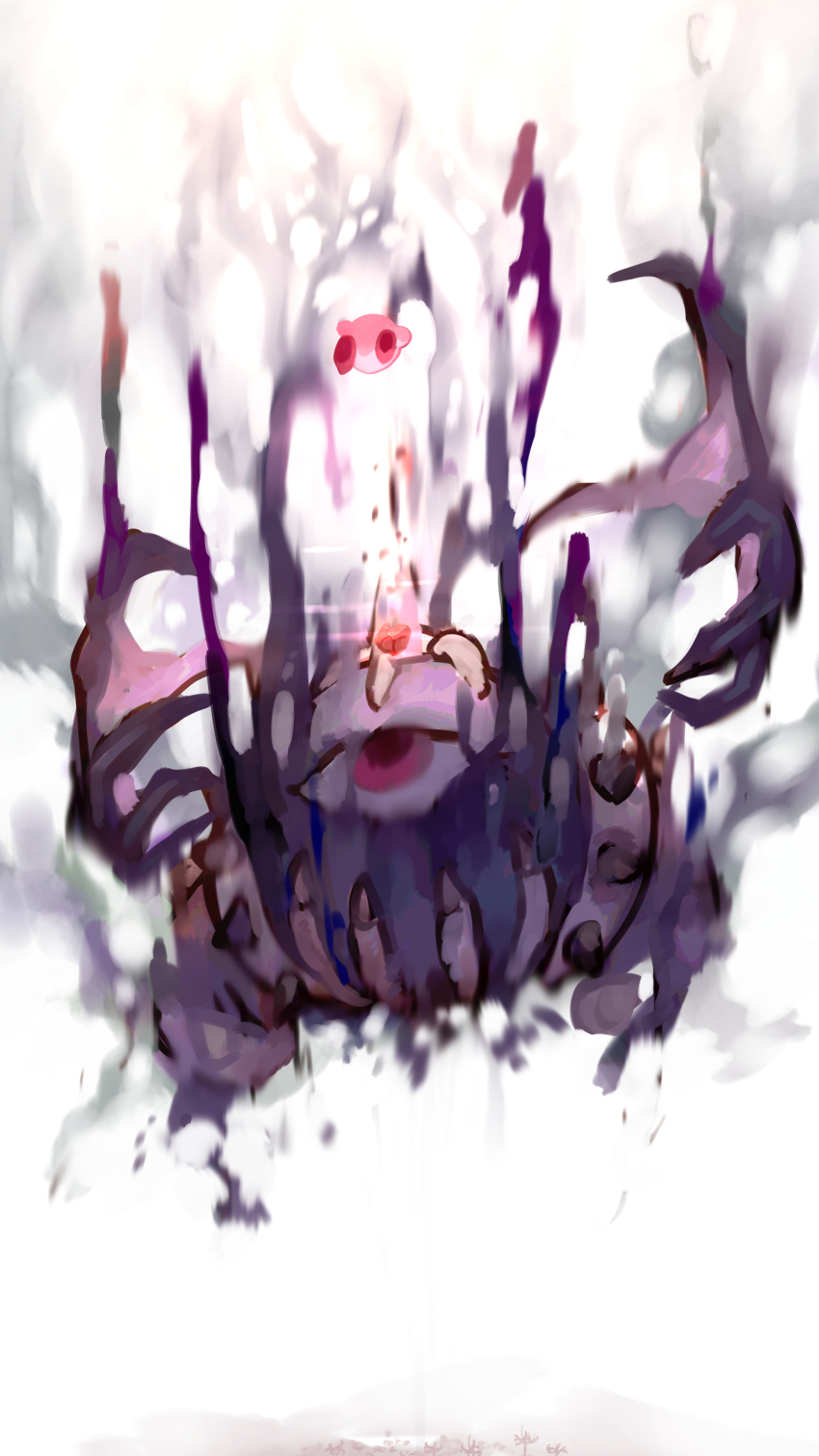 absurdres apple colored_skin crown food fruit highres kirby kirby&#039;s_return_to_dream_land_deluxe kirby_(series) looking_at_another magolor magolor_soul master_crown nintendo no_humans one-eyed pink_skin rayman_limbs red_eyes shiburingaru simple_background sparkle white_background