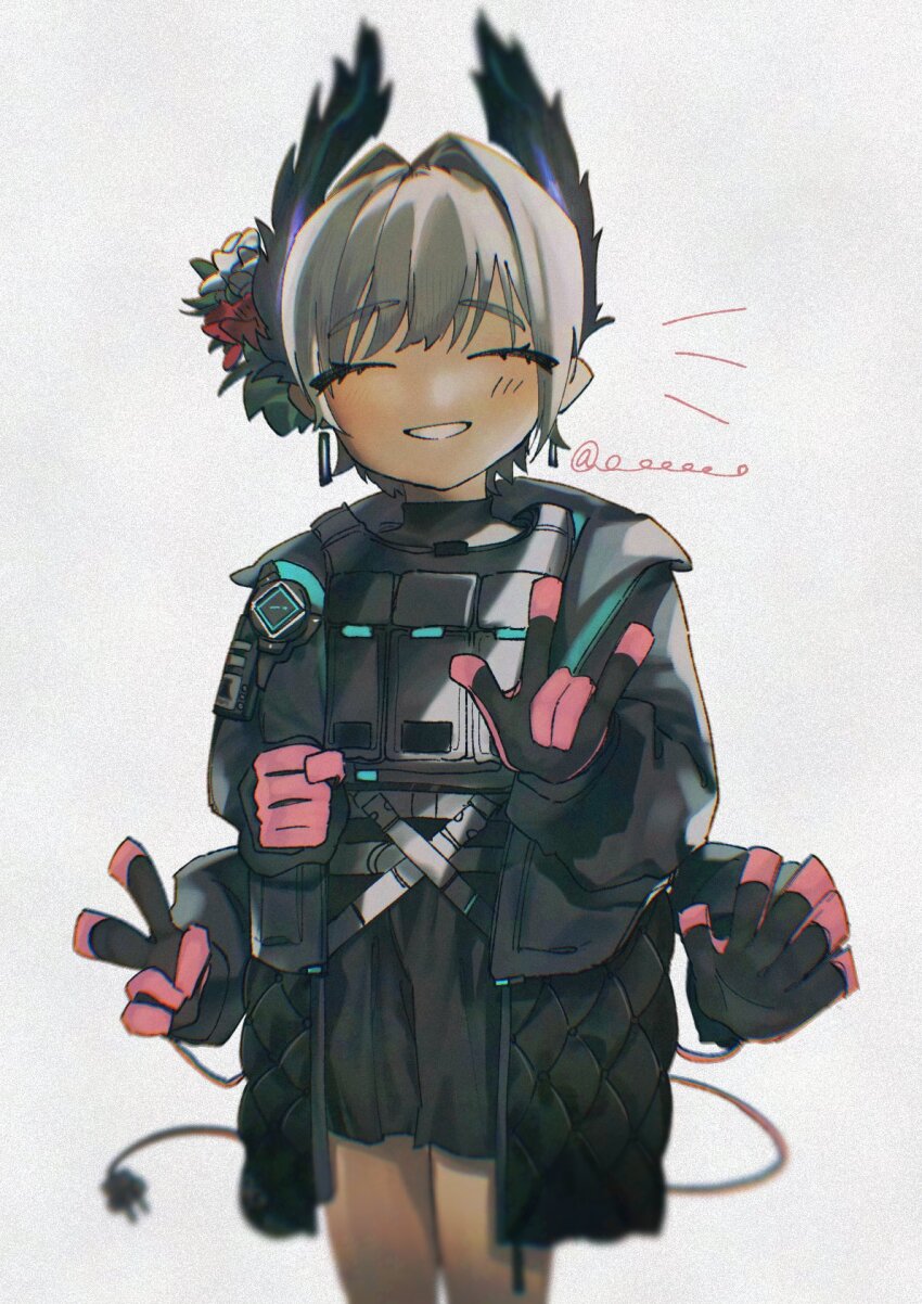 1girl \m/ arknights artist_name bird_girl black_feathers black_gloves closed_eyes commentary_request dark-skinned_female dark_skin earrings electric_plug electric_plug_tail extra_arms feathers flower gloves grey_hair hair_flower hair_ornament head_wings highres jewelry o_eeee_o pink_gloves raidian_(arknights) short_hair smile solo tail two-tone_gloves v white_background wings