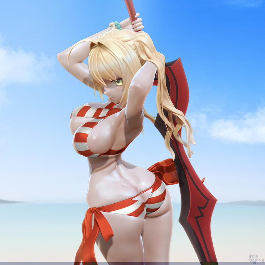 1girl 3: 3d aestus_estus ahoge armpits arms_up ass ass_cutout beach bikini blonde_hair blue_sky breasts butt_crack cleavage closed_mouth clothing_cutout cloud cowboy_shot criss-cross_halter day earrings fate/grand_order fate_(series) female_focus from_behind green_eyes hair_intakes halterneck hand_in_own_hair highres horizon jewelry keyhole_bikini large_breasts leslyzerosix long_hair navel nero_claudius_(fate) nero_claudius_(swimsuit_caster)_(fate) outdoors side-tie_bikini_bottom sideboob single_earring sky solo striped_bikini striped_clothes swimsuit twintails twisted_torso underboob