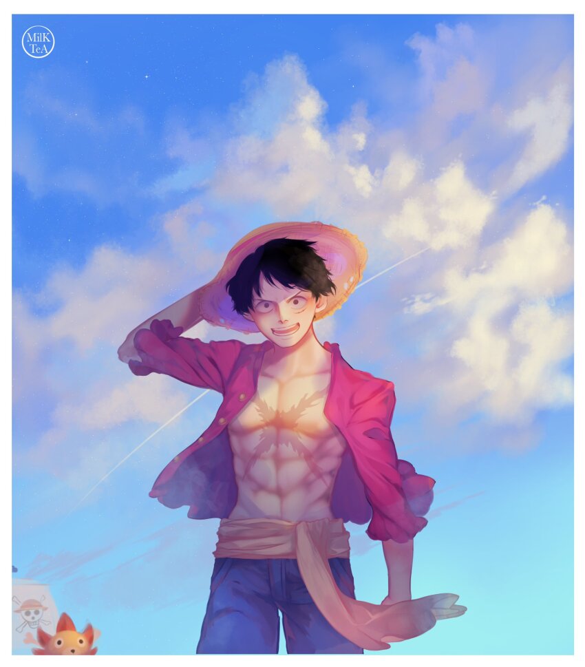 1boy abs arabic_commentary black_hair blue_shorts blue_sky commentary_request cowboy_shot floating_clothes hat highres jolly_roger male_focus milktea_tq monkey_d._luffy one_piece open_clothes open_shirt red_shirt sash scar scar_on_face shirt shorts sky smile solo straw_hat straw_hats_jolly_roger thousand_sunny yellow_sash