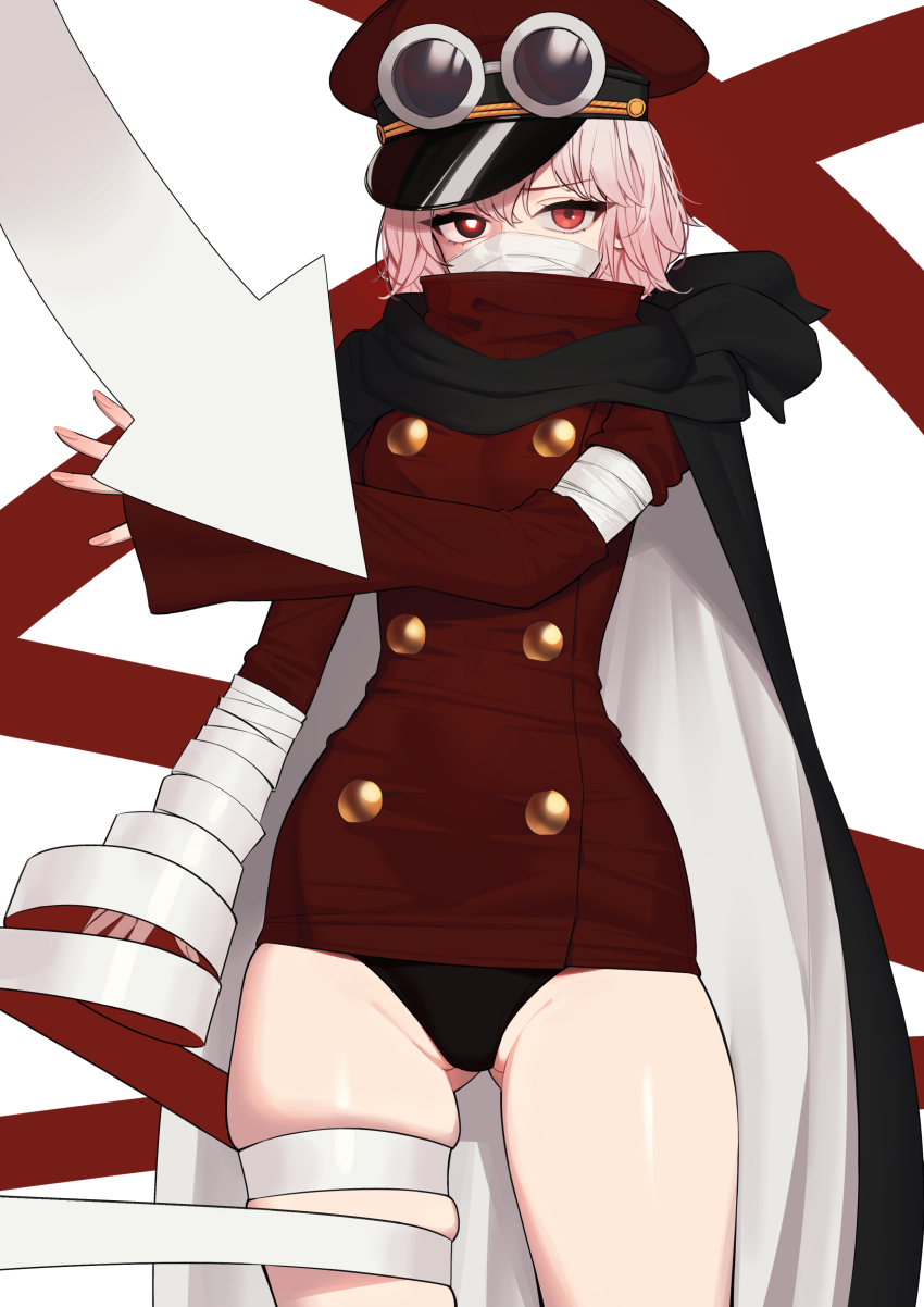 1girl absurdres bandages bandages_over_mouth black_cape black_panties bow cape dress goggles goggles_on_headwear gunko hat heterochromia highres looking_at_viewer mask mouth_mask one_piece panties red_dress sgmh0519 short_hair simple_background sleeves_past_fingers sleeves_past_wrists solo underwear white_background