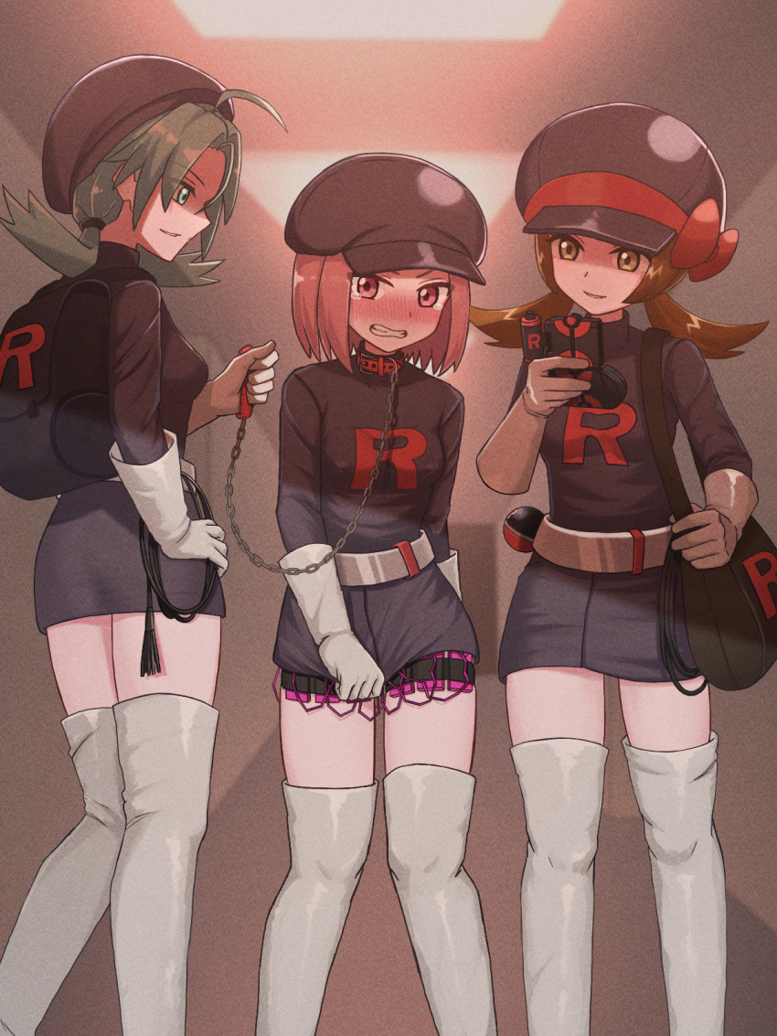 3girls backpack bag belt black_hat black_shirt black_skirt blush boots breasts brown_eyes brown_hair collar commission dark_persona gloves green_eyes green_hair hat highres kris_(pokemon) leash low_twintails lyra_(pokemon) miniskirt multiple_girls newsboy_cap nintendo nipple_stimulation pixiv_commission pokemon pokemon_gsc pokemon_hgss remote_control_vibrator sex_toy shirt short_hair shoulder_bag skirt small_breasts team_rocket team_rocket_grunt team_rocket_uniform tears thigh_boots thigh_strap twintails vibrator vibrator_in_thigh_strap vibrator_on_nipple vibrator_under_clothes white_boots white_gloves wombatvxww2553