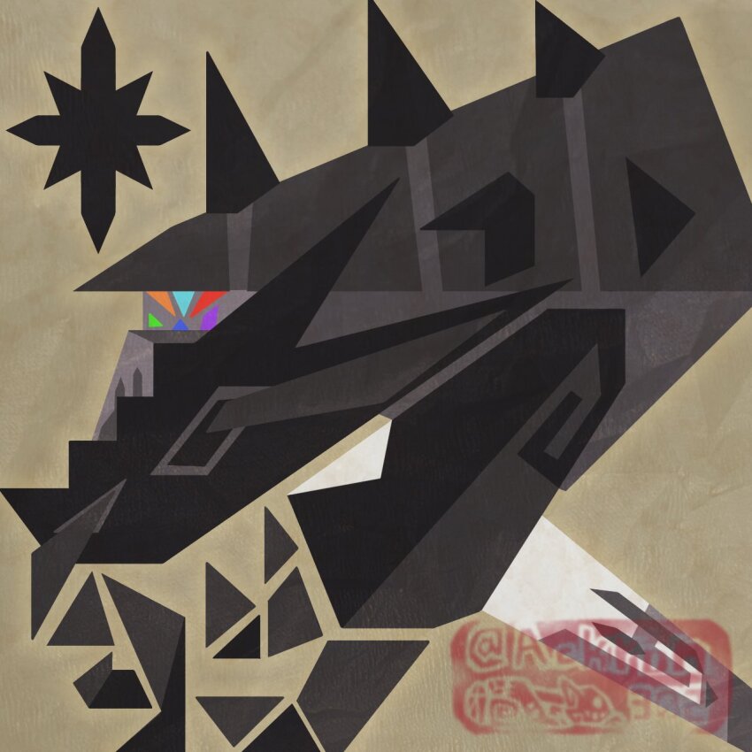 ackron302 black_gemstone blue_eyes claws crystal from_side gem gen_7_pokemon highres legendary_pokemon monster_hunter_(series) multicolored_eyes necrozma necrozma_(normal) nintendo no_humans parody pokemon pokemon_(creature) pokemon_focus profile solo spikes star_(sky) style_parody