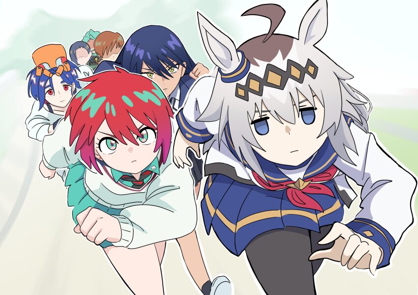 3boys 4girls absurdres ahoge amate_yuzuriha animal_ears aqua_eyes blue_eyes blue_hair brown_hair challia_bull collared_shirt commentary_request comoli_harcourt crossover ear_ornament green_hair grey_hair gundam gundam_gquuuuuux hair_between_eyes hairband highres horse_ears horse_girl jacket jitome long_hair long_sleeves multicolored_hair multiple_boys multiple_girls necktie non-humanoid_robot nyaan_(gundam_gquuuuuux) oguri_cap_(umamusume) pantyhose red_eyes red_hair robot running sailor_collar school_uniform serafuku shirt short_hair shuji_ito skirt smile soon_(toruto98) sweater umamusume xavier_olivette yellow_eyes