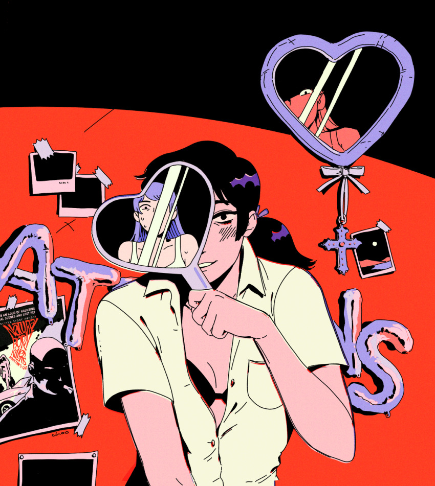 2girls black_bra black_eyes black_hair black_sky blush bra breasts choo cleavage collared_shirt commentary cross full_moon hand_mirror heart-shaped_mirror high_contrast highres indoors limited_palette looking_at_viewer low_twintails mirror moon multiple_girls open_clothes open_mouth open_shirt original photo_(object) polaroid_photo poster_(object) pov purple_hair red_background red_theme shirt sky small_breasts smile sweatdrop symbol-only_commentary tank_top twintails underwear upper_body white_shirt white_tank_top yuri