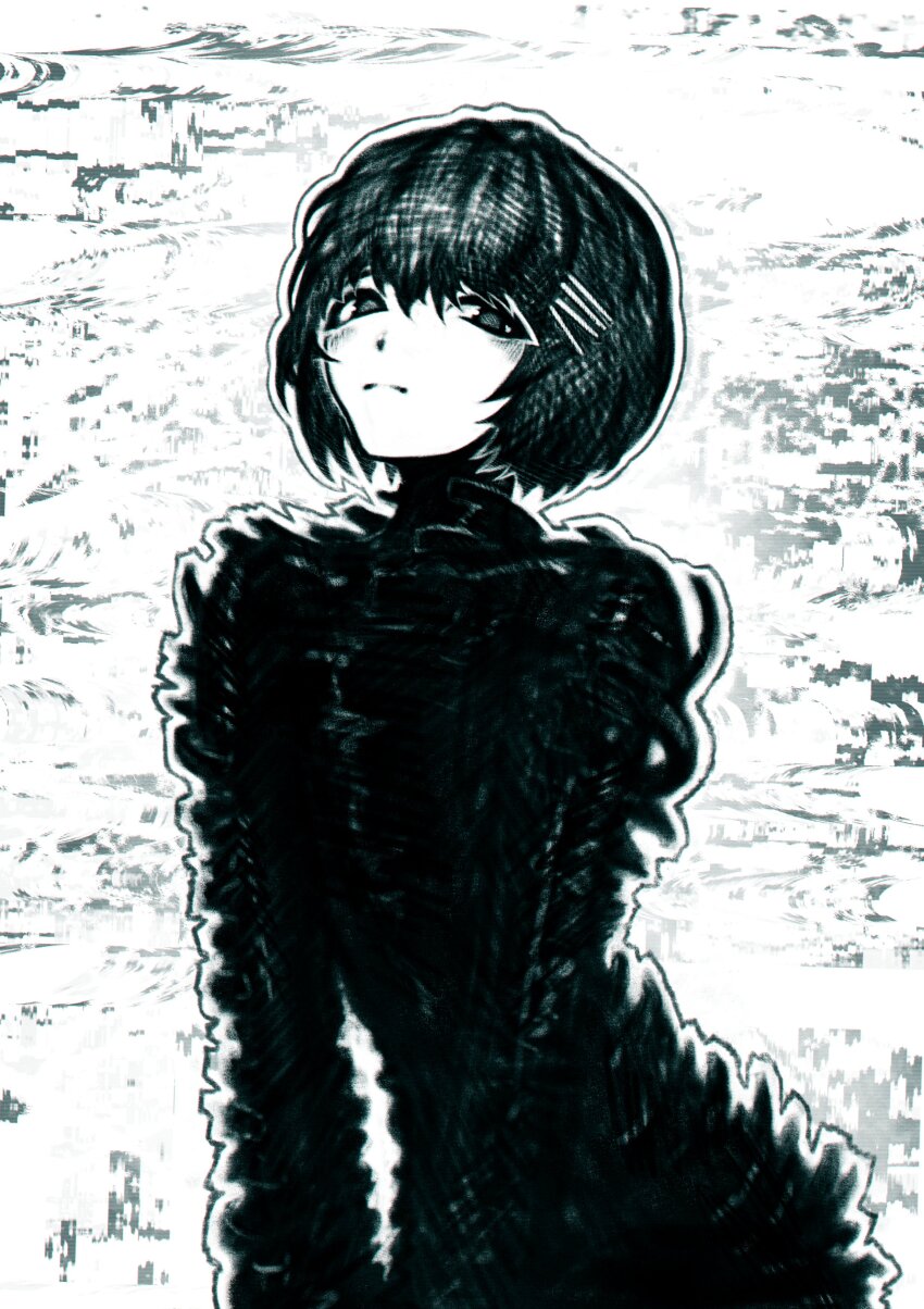 11e10 1girl abstract_background absurdres arched_back black_bodysuit bodysuit glitch hair_ornament hairclip highres leaning_forward light_blush looking_at_viewer marie_(peripeteia) monochrome peripeteia short_hair solo v_arms