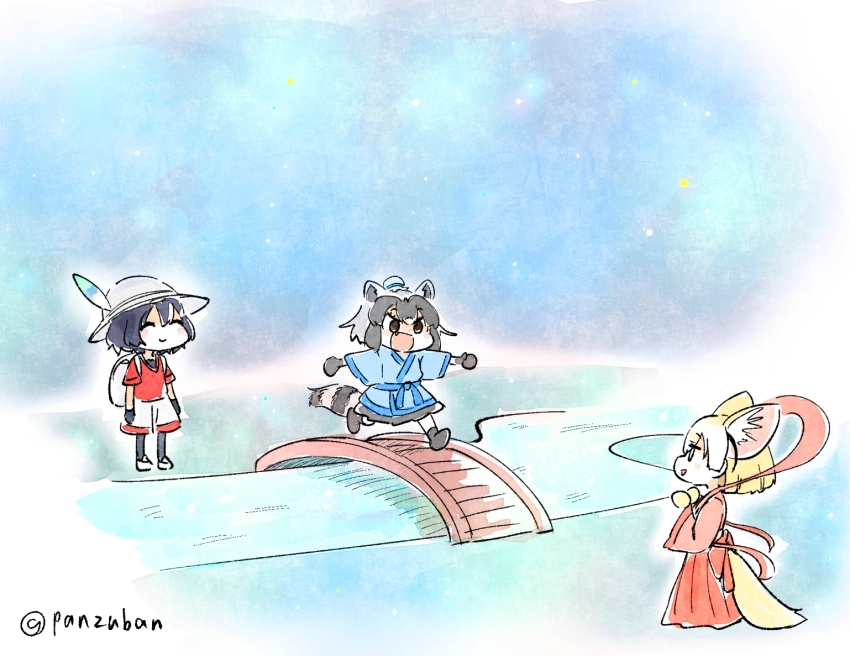 10s 3girls :d ^_^ animal_ears artist_name backpack bag black_hair blonde_hair bridge closed_eyes commentary common_raccoon_(kemono_friends) cosplay extra_ears fang fennec_(kemono_friends) fox_ears fox_tail grey_hair hagoromo hat hat_feather hikoboshi hikoboshi_(cosplay) japanese_clothes kaban_(kemono_friends) kemono_friends multiple_girls open_mouth orihime_(cosplay) orihime_(tanabata) panzuban raccoon_ears raccoon_tail river running shawl short_hair smile striped_tail tail tanabata twitter_username white_hat