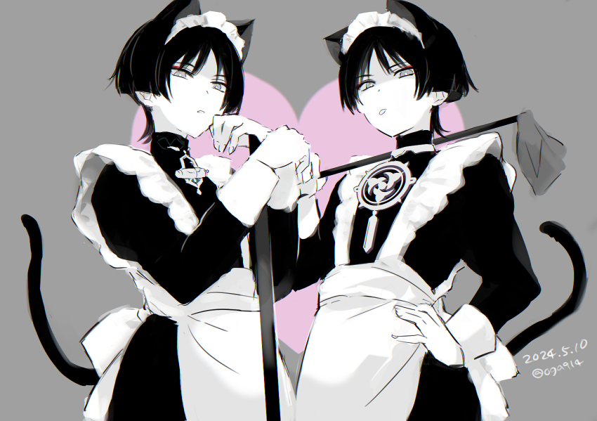 2boys alternate_costume animal_ears apron blunt_ends cat_ears cat_tail closed_mouth crossdressing dated dress duster enmaided fingernails frilled_apron frilled_hairband frills genshin_impact grey_background hairband hand_on_own_hip hand_up heart heart_background holding holding_duster holding_mop jewelry juliet_sleeves long_sleeves looking_at_viewer maid maid_apron maid_headdress male_maid mitsudomoe_(shape) monochrome mop multiple_boys neck_ring oga914 puffy_sleeves scaramouche_(genshin_impact) tail tomoe_(symbol) tongue tongue_out turtleneck turtleneck_dress twitter_username wanderer_(genshin_impact)