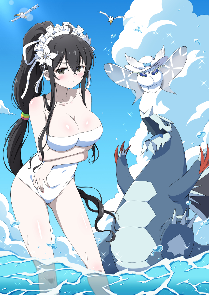 1girl ^_^ absurdres alternate_hairstyle arm_under_breasts armpit_crease arms_under_breasts bare_shoulders baxcalibur bird black_hair blue_ribbon blue_sky blush body_blush breasts bug casual_one-piece_swimsuit claws cleavage closed_eyes closed_mouth cloud collarbone commentary_request commission covered_navel crossed_arms crossover cumulonimbus_cloud dragon eggman_(ni_tamagoex) flower fluffy flying frosmoth fubuki_(senran_kagura) gen_3_pokemon gen_8_pokemon gluteal_fold groin hair_between_eyes hair_flower hair_ornament hair_ribbon happy hat hat_ribbon high_ponytail highres insect large_breasts lens_flare lily_(flower) long_hair looking_at_viewer low-tied_long_hair maid_headdress moth navel nintendo ocean one-piece_swimsuit open_mouth outdoors pale_skin pokemon pokemon_(creature) ponytail ribbon scarf seagull senran_kagura senran_kagura_new_link shiny_skin sidelocks skeb_commission sketch sky smile solo sparkle spines spinosaurus splashing standing sunlight swimsuit very_long_hair water water_drop wet white_background white_flower white_lily white_one-piece_swimsuit white_scarf wingull