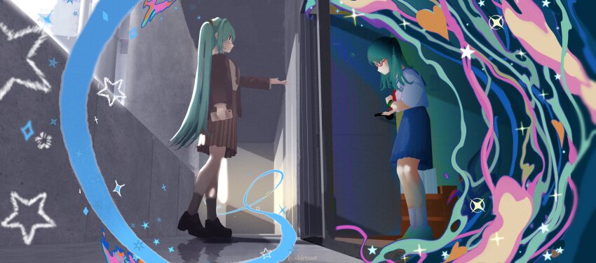 2girls absurdres aqua_hair black_jacket black_necktie black_shoes black_skirt blue_sailor_collar blue_skirt dual_persona full_body glasses grey_socks hair_between_eyes hatsune_miku highres holding holding_phone jacket long_hair multiple_girls neckerchief necktie outstretched_hand phone pleated_skirt red_neckerchief sailor_collar shirt shoes skirt skirtsan socks twintails vocaloid white_shirt white_socks