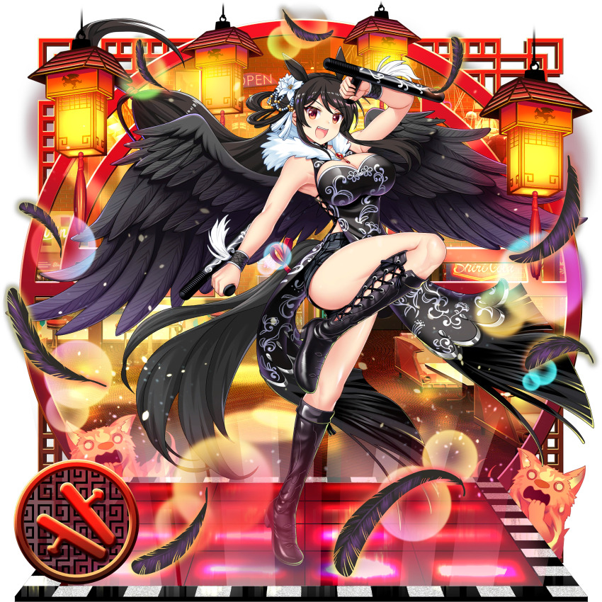 1girl :d alternate_costume animal_ears black_boots black_dress black_feathers black_hair black_wings boots breasts china_dress chinese_clothes cleavage commentary dress feathers flower full_body game_cg hair_flower hair_ornament highres holding holding_weapon horse_ears horse_girl horse_tail kurokoma_saki kurokoma_saki_(strong-legged_gift_horse) lantern large_breasts long_hair looking_at_viewer meandros official_art open_mouth pegasus_wings red_eyes rotte_(1109) sidelocks smile solo tail thighs third-party_source tonfa touhou touhou_lostword transparent_background weapon white_flower wings wolf_spirit_(touhou)