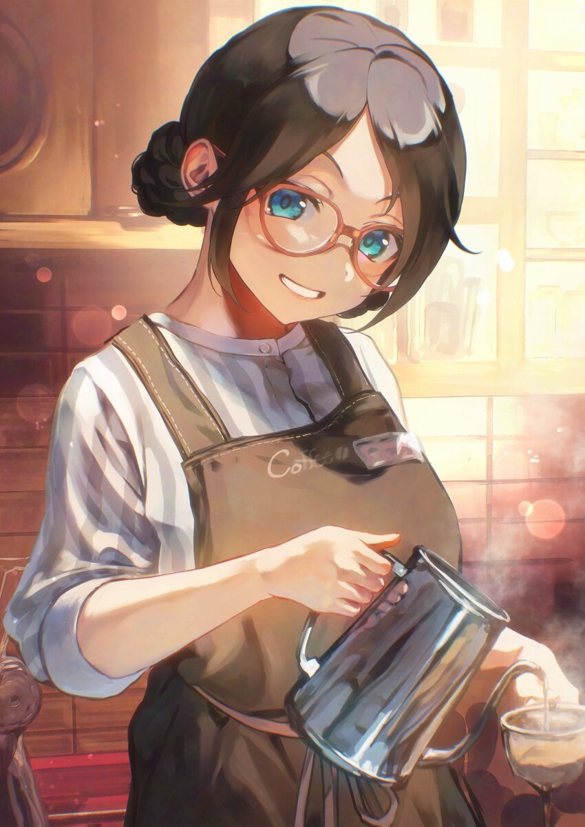 1girl apron barista black_hair blue_eyes brown_apron cowboy_shot cup glasses grin hair_bun head_tilt highres holding holding_cup holding_kettle idolmaster idolmaster_shiny_colors kettle lens_flare mitsumine_yuika otsudou pink-framed_eyewear shirt smile solo striped_clothes striped_shirt