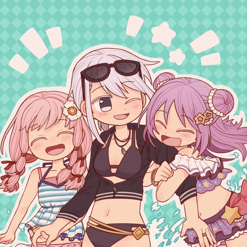 3girls :d absurdres aqua_background argyle_background argyle_clothes arm_hug bikini bikini_skirt bikini_under_clothes black_bikini black_jacket blue_shirt blush cantaurus closed_eyes colored_eyelashes commentary criss-cross_halter cropped_jacket dot_nose double_bun flower frilled_bikini frills hair_bun hair_ornament halterneck highres holding_hands izumi_kanagi izumi_kanagi_(swimsuit_costume) jacket jewelry looking_at_another low_ponytail magia_record:_mahou_shoujo_madoka_magica_gaiden mahou_shoujo_madoka_magica medium_hair midriff misono_karin misono_karin_(swimsuit_costume) multi-tied_hair multiple_girls navel necklace off-shoulder_bikini off_shoulder one_eye_closed open_mouth outline partially_unzipped pink_bikini pink_hair ponytail print_bikini purple_bikini purple_hair ring shirt short_hair short_ponytail side_up_bun sidelocks sleeveless sleeveless_shirt smile sparkle_print splashing star_(symbol) star_hair_ornament star_print striped_clothes striped_shirt swept_bangs swimsuit symbol-only_commentary tamaki_ui tamaki_ui_(swimsuit_costume) upper_body white_eyes white_flower white_hair white_outline