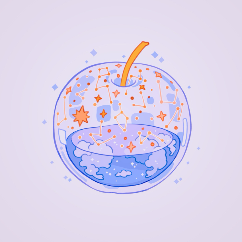 apple blue_clouds blue_liquid blue_theme cloud commentary constellation english_commentary food food_focus fruit grey_background highres liquid meyoco monochrome no_humans original pastel_colors simple_background sparkle star_(sky) sun transparent water
