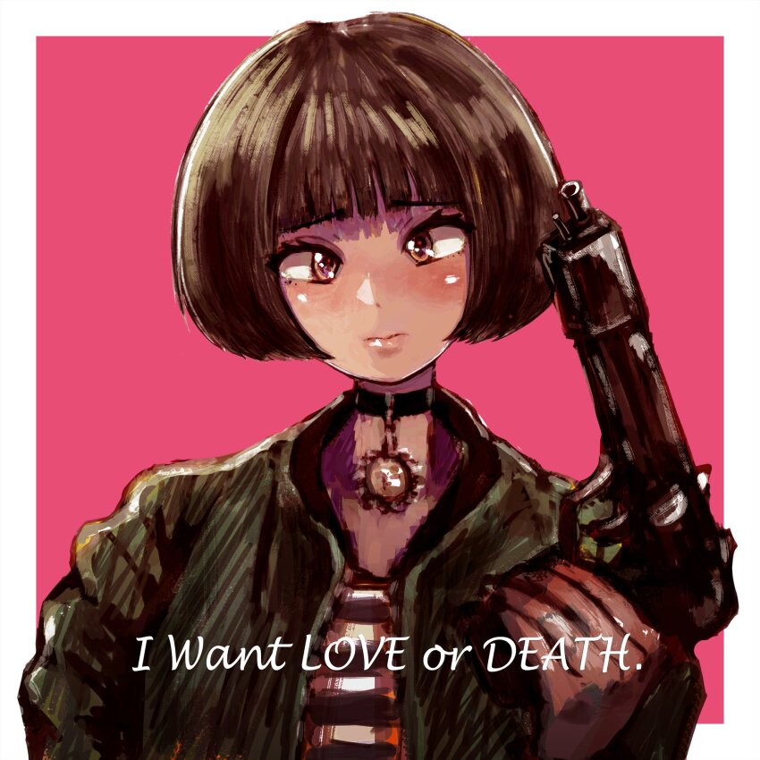 1girl aiming_up akazukin666 black_choker black_shirt blunt_bangs blunt_ends blush bob_cut border brown_eyes brown_hair choker close-up closed_mouth commentary english_text expressionless eyelashes green_jacket gun hands_up head_tilt highres holding holding_gun holding_weapon jacket leon_the_professional looking_at_viewer mathilda_lando open_clothes open_jacket outside_border pink_background portrait shiny_skin shirt short_hair solo source_quote striped_clothes striped_shirt two-tone_shirt upper_body weapon weapon_request white_border white_shirt