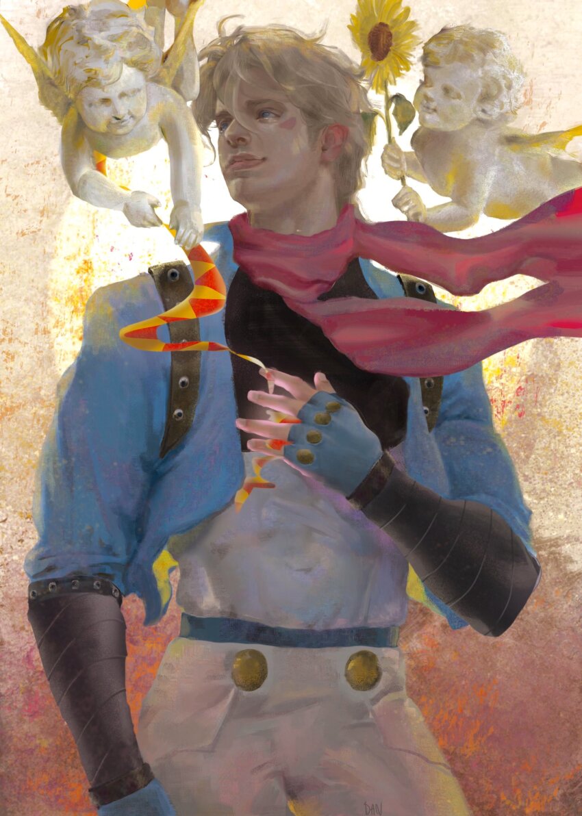 1boy angel battle_tendency blonde_hair caesar_anthonio_zeppeli closed_mouth commentary_request danart14020 facial_mark fingerless_gloves flower gloves green_eyes unworn_headband highres jojo_no_kimyou_na_bouken looking_to_the_side male_focus pants pink_scarf realistic scarf short_hair smile solo sunflower triangle_print