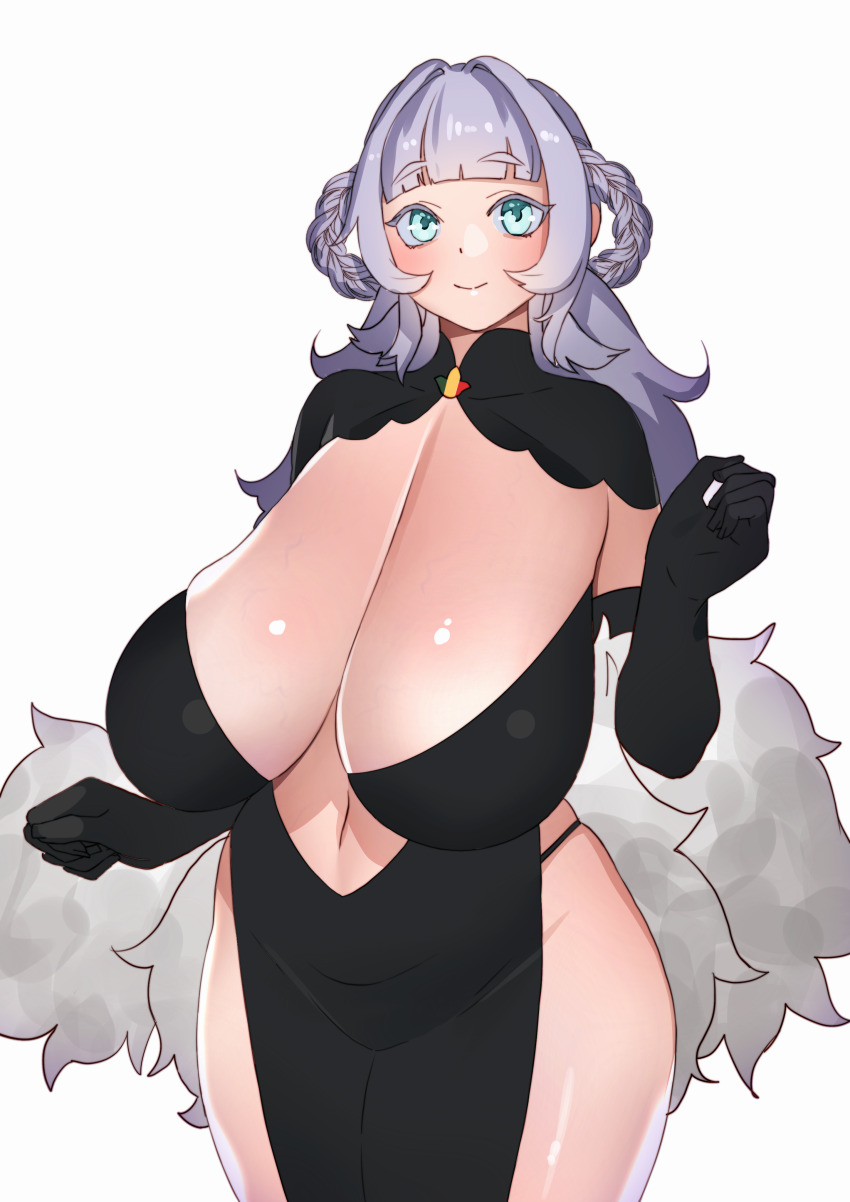 1girl absurdres alternate_costume azur_lane black_dress black_gloves blush braid breasts cleavage commission commissioner_upload dress fur_shawl gloves grey_hair highres huge_breasts leyton looking_at_viewer navel non-web_source sagging_breasts shawl side_slit sidelocks skeb_commission smile solo thighs twin_braids veins veiny_breasts vittorio_veneto_(azur_lane) wide_hips