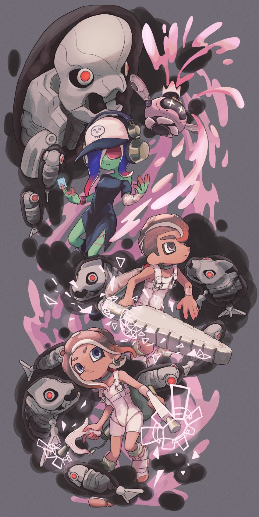 1boy 2girls absurdres agent_8_(splatoon) bandaged_arm bandages bare_shoulders baseball_cap battering_lento between_fingers black_dress black_footwear blue_eyes blue_hair bodysuit boots breasts brown_hair choker color_chip_(splatoon) colored_extremities colored_skin commentary_request cross-laced_slit dedf1sh detached_sleeves dress drone dual_wielding earrings full_body gradient_hair green_skin grey_background grey_choker grey_eyes grey_hair grey_socks hair_over_one_eye hand_up hat headphones_over_headwear highres holding holding_weapon jelleton jewelry knee_boots kotarou_(kotakota_ee) marching_andante medium_hair multicolored_hair multiple_girls nintendo non-humanoid_robot octoling off-shoulder_dress off_shoulder order_dualies_(splatoon) order_splatana_(splatoon) parted_lips pearl_(splatoon) pearl_drone_(splatoon) red-tinted_eyewear red_hair robot sanitized_(splatoon) see-through_clothes see-through_sleeves short_hair side_slit simple_background single_detached_sleeve sleeveless sleeveless_bodysuit socks splatoon_(series) splatoon_3 splatoon_3:_side_order sunglasses swarming_languendo tentacle_hair thick_eyebrows tinted_eyewear two-tone_hair v-shaped_eyebrows weapon white_bodysuit white_footwear