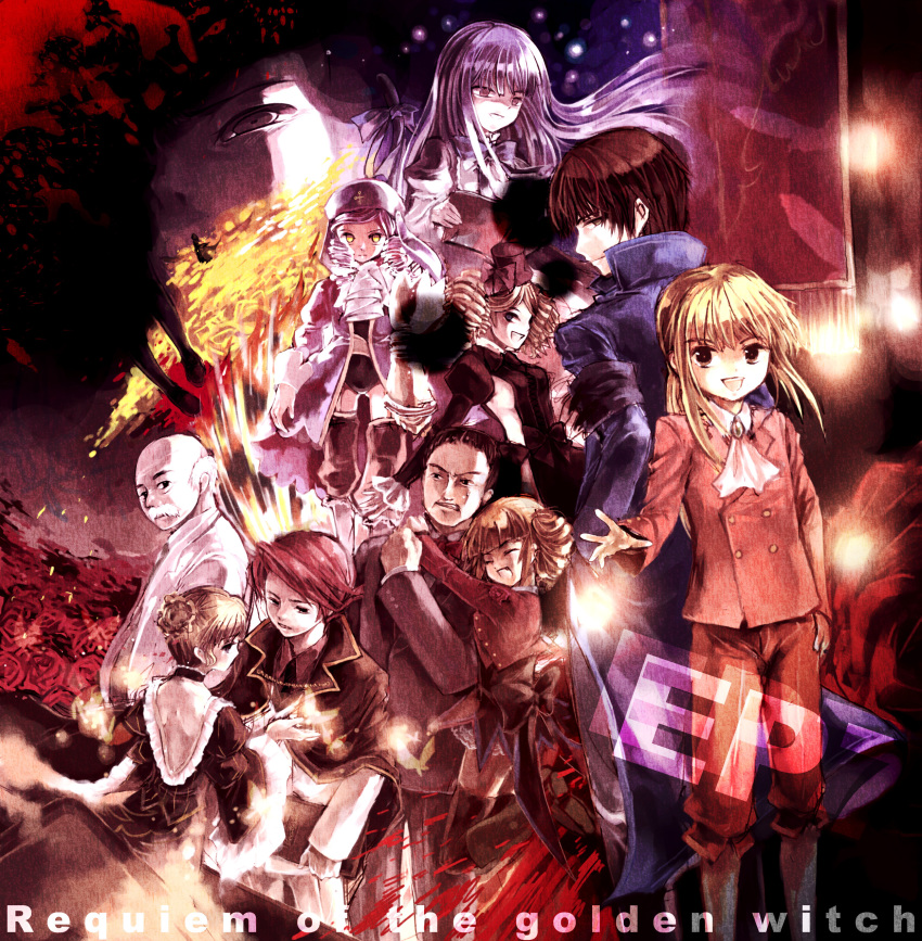 07th_expansion 5boys 5girls absurdres bad_id bad_pixiv_id beatrice_(umineko) beelzebub_(umineko) black_hair blonde_hair breasts cape dlanor_a._knox dress drill_hair formal_clothes frederica_bernkastel gaap_(umineko) gouda_toshirou highres kazi multiple_boys multiple_girls nanjou_terumasa no_naku_koro_ni_(series) red_hair sideboob stakes_of_purgatory suit umineko_no_naku_koro_ni ushiromiya_battler ushiromiya_lion