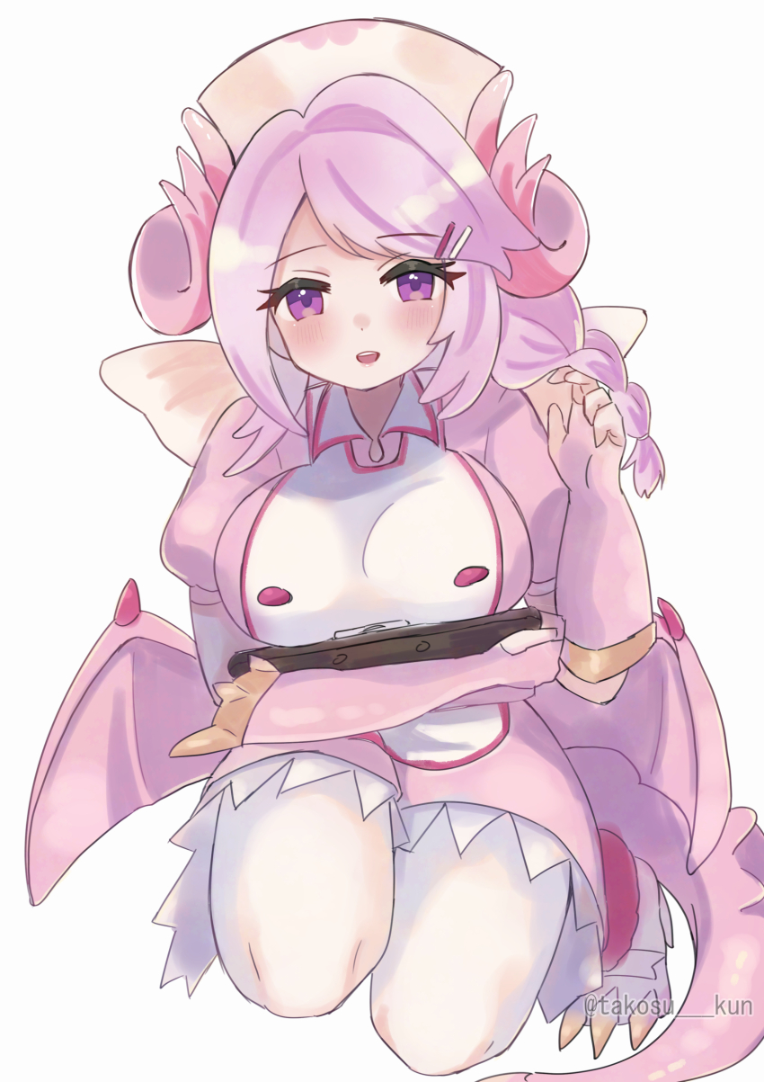 1girl absurdres blush braid breasts clipboard dragon_girl dragon_horns dragon_tail dragon_wings duel_monster fingerless_gloves gloves hair_ornament hairclip hat highres holding holding_clipboard horns large_breasts long_hair nikuko nurse nurse_cap nurse_dragonmaid open_mouth panties parallel_hairclips pink_hair puffy_short_sleeves puffy_sleeves purple_eyes shoes short_sleeves side_braid simple_background smile solo tail underwear white_background white_panties white_shoes wings yu-gi-oh!