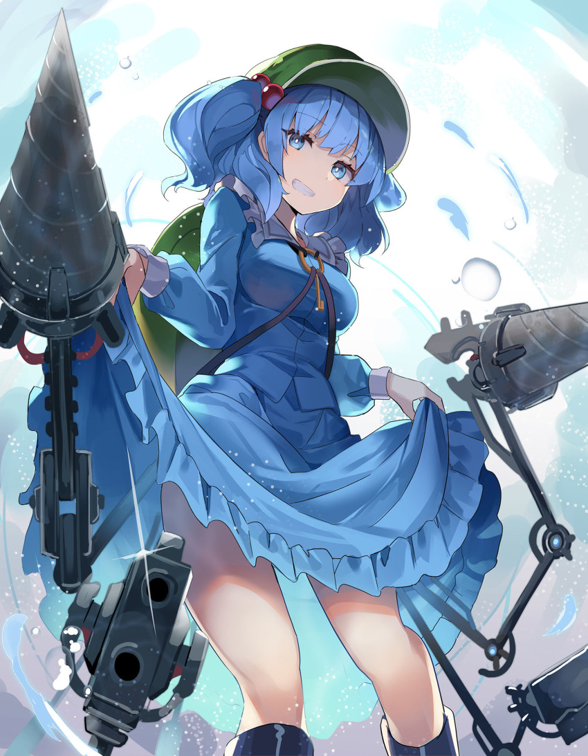 1girl blue_dress blue_eyes blue_hair breasts newsboy_cap commentary_request dress drill falken_(yutozin) feet_out_of_frame frilled_shirt_collar frills green_hat grin hair_bobbles hair_ornament hat highres kawashiro_nitori key long_sleeves looking_at_viewer medium_breasts photoshop_(medium) revision short_hair skirt_hold smile solo standing thighs touhou two_side_up