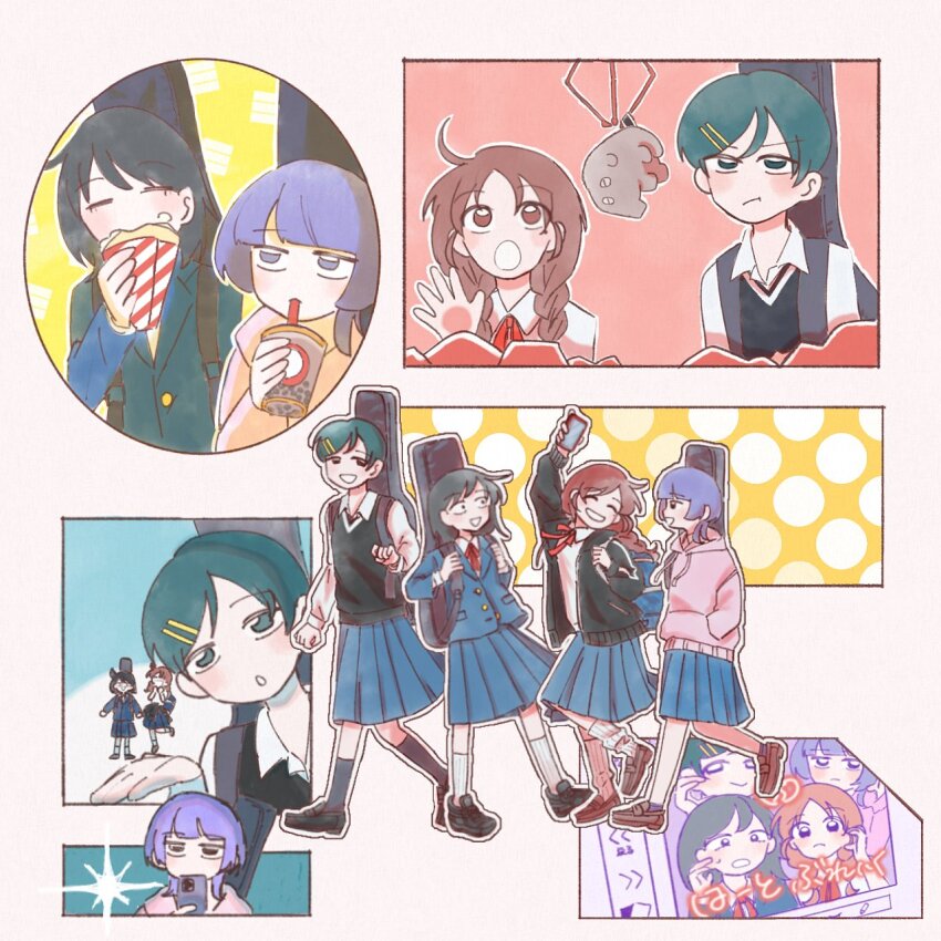 4girls :d :o ^_^ black_jacket blazer blue_jacket blue_skirt braid chibi closed_eyes collared_shirt commentary_request crane_game drinking_straw drinking_straw_in_mouth eating frown frustrated fujii_ayame futsuu_no_keion-bu grey_socks guitar_case hair_ornament hairpin hands_in_pockets hatono_chihiro heartbreak_(futsuu_no_keion-bu) highres holding holding_chibi holding_phone hood hoodie instrument_case instrument_case_on_back jacket kouyama_rin law_island21 long_sleeves loose_socks medium_hair multiple_girls neck_ribbon open_clothes open_jacket open_mouth phone photo_(object) photo_booth pink_hoodie pixie_cut plaid_clothes plaid_skirt pleated_skirt polka_dot purple_socks red_hair red_ribbon ribbon school_uniform self-doubt_animal_(futsuu_no_keion-bu) shirt short_hair skirt smile socks sweater_vest twin_braids uchida_momo walking white_background white_shirt white_socks wolf_cut