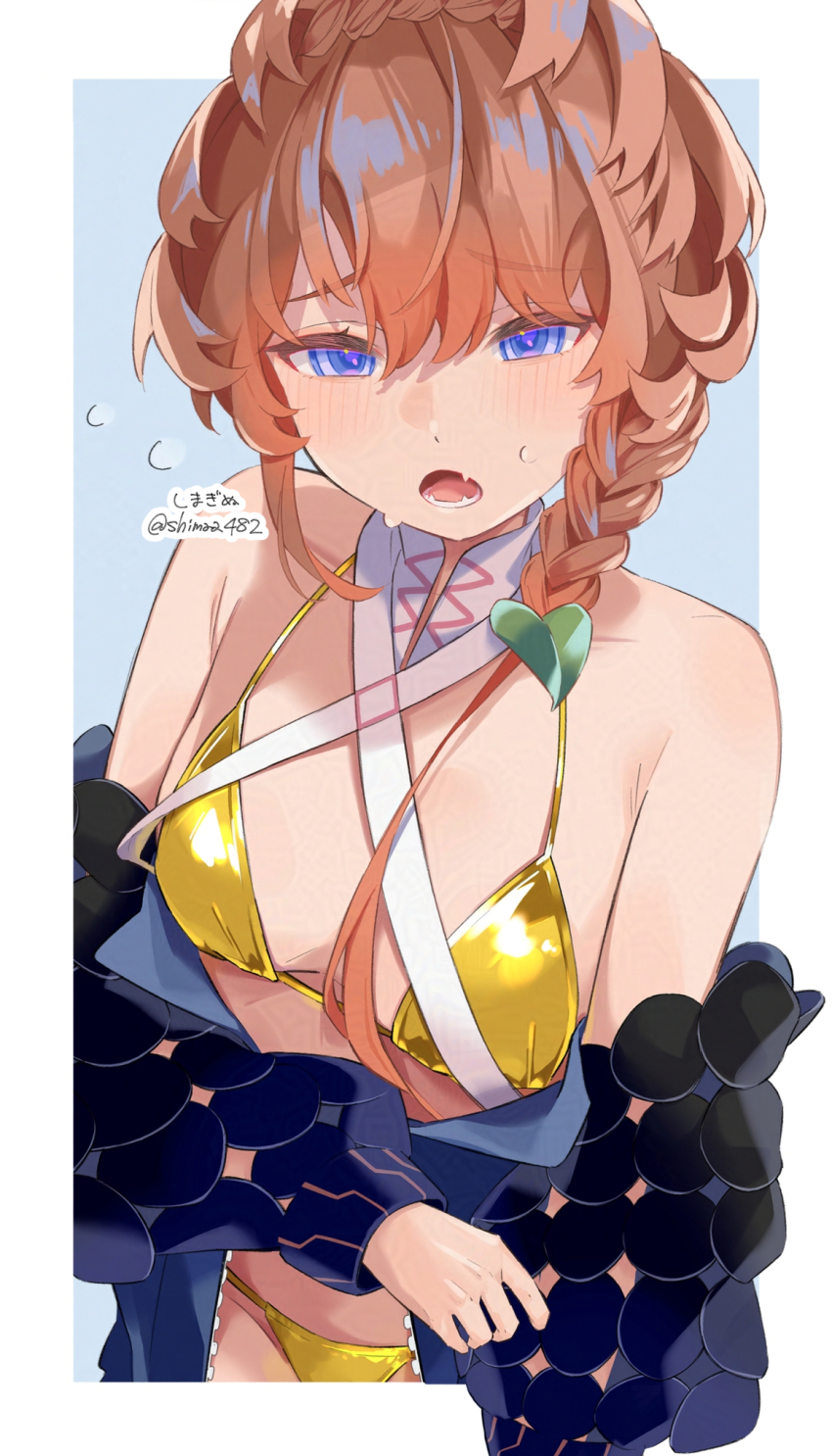 1girl bikini black_coat blue_eyes blush braid breasts brown_hair coat fate/grand_order fate_(series) gold_bikini hair_between_eyes highres looking_at_viewer nervous_sweating open_clothes open_coat open_mouth shimaa482 side_braid signature simple_background small_breasts solo sweat swimsuit twitter_username van_gogh_(fate) white_background