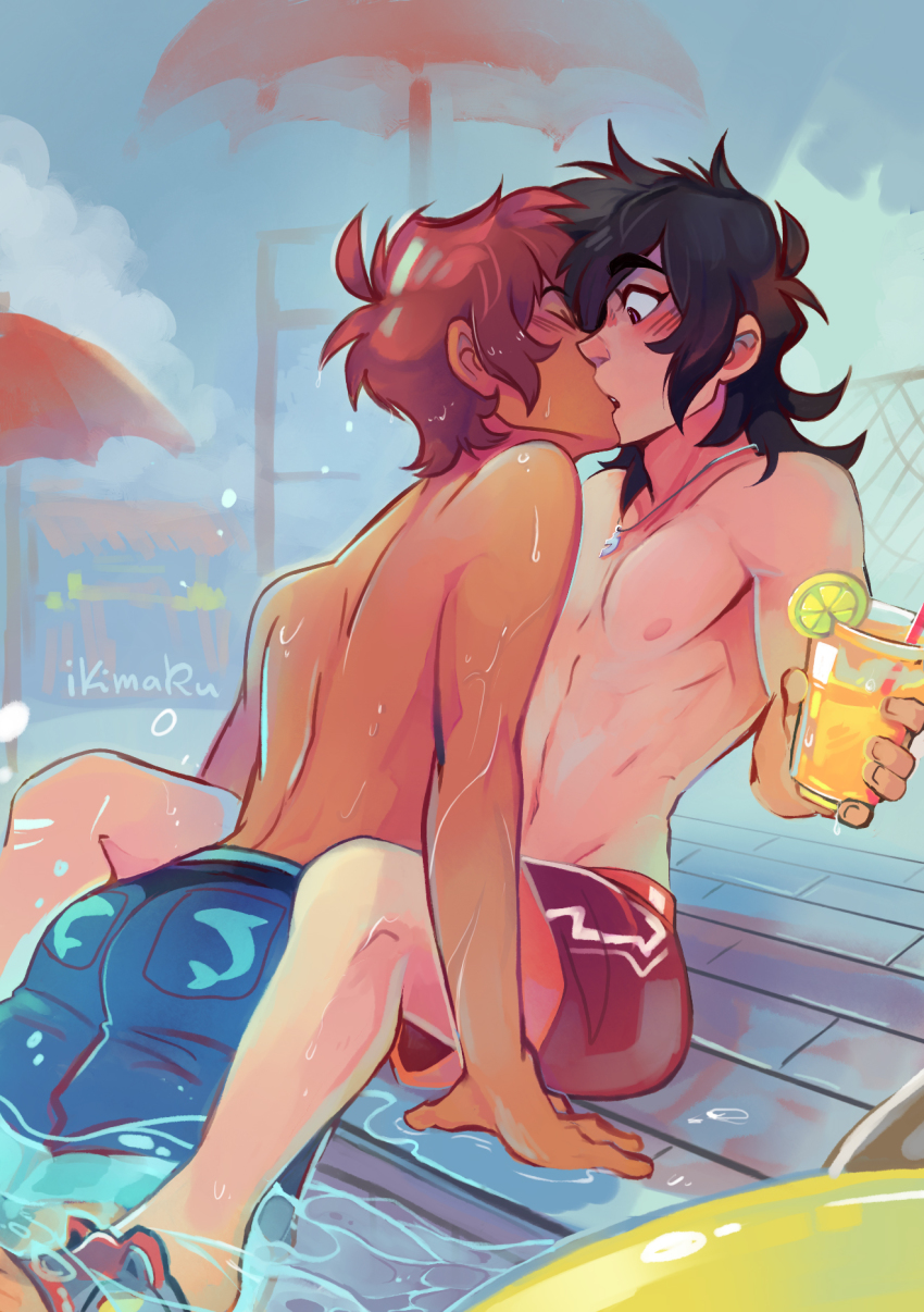 2boys abs adam&#039;s_apple ahoge artist_name bare_shoulders black_hair blush brown_hair closed_eyes collarbone couple cup drinking_glass drinking_straw food fruit highres hyakujuu-ou_golion ikimaru jewelry keith_(voltron) kiss lance_(voltron) lemon lemon_slice looking_at_another multiple_boys necklace nipples pale_skin pool surprise_kiss surprised swimsuit tan toned topless_female umbrella water watermark wet yaoi