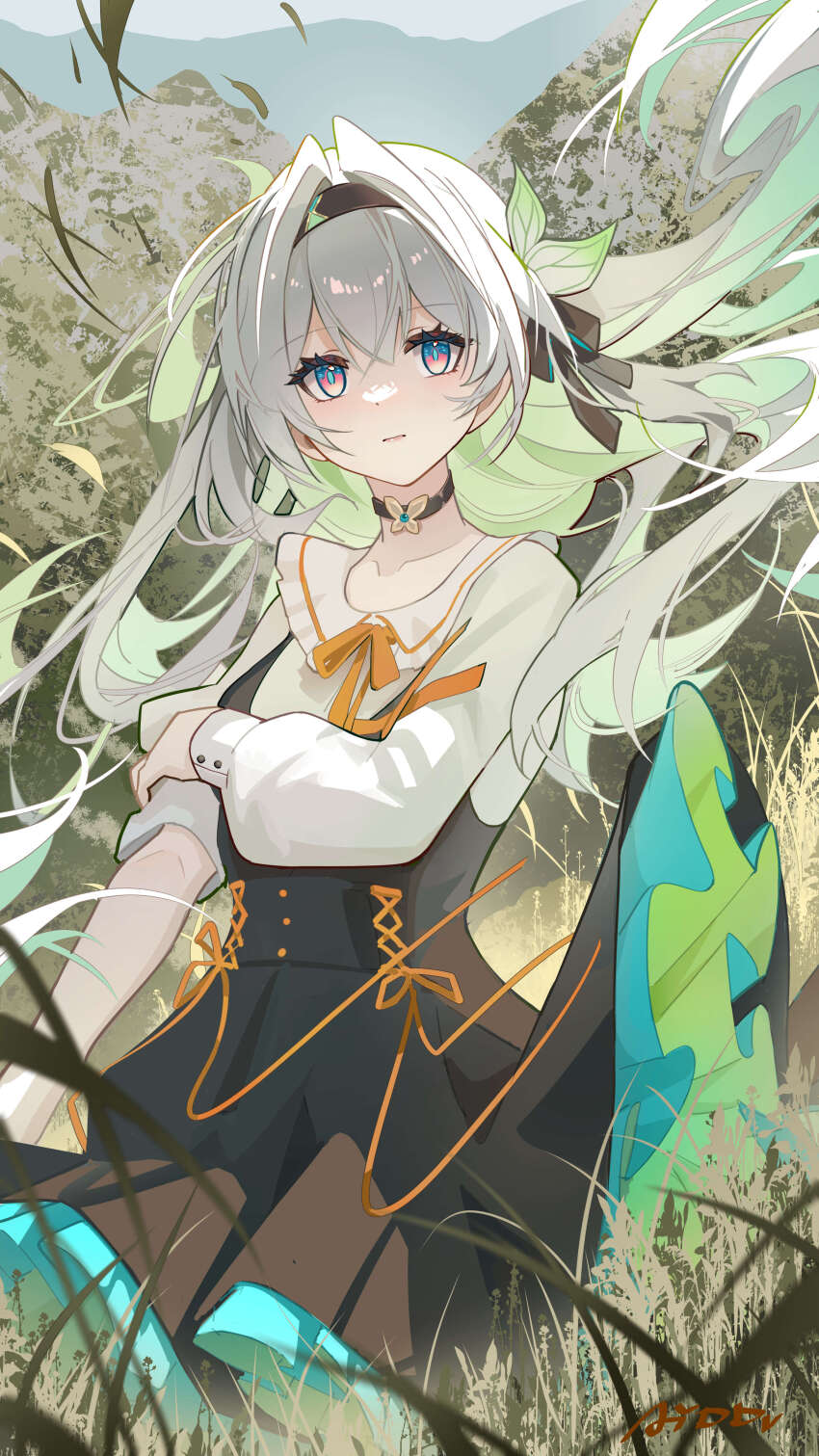 1girl absurdres ai_dongdong alternate_costume black_bow black_hairband black_skirt bow chinese_commentary closed_mouth collarbone commentary_request firefly_(honkai:_star_rail) floating_hair gradient_hair green_hair green_pupils grey_hair hair_bow hairband highres honkai:_star_rail honkai_(series) long_hair long_sleeves looking_at_viewer multicolored_eyes multicolored_hair shirt skirt sleeve_rolled_up solo suspender_skirt suspenders two-tone_eyes white_shirt wind