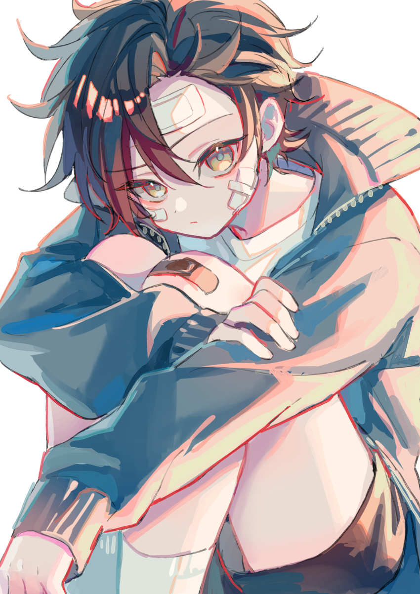1boy bandaid bandaid_on_cheek bandaid_on_face bandaid_on_knee bandaid_on_leg black_shorts blue_jacket brown_eyes brown_hair closed_mouth commentary_request feet_out_of_frame highres jacket knees_up long_sleeves looking_at_viewer male_focus original short_hair shorts simple_background sitting socks solo suzaku_(zaku6584) white_background white_socks