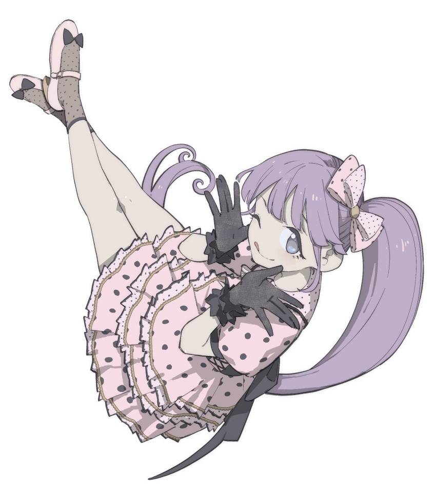 1girl black_gloves black_socks bow closed_mouth dress frilled_dress frills from_above full_body gloves hair_bow hands_up highres idol_clothes kemura_(puripurinea) long_hair looking_at_viewer manaka_non one_eye_closed pink_bow pink_dress pink_shoes polka_dot polka_dot_dress pretty_series pripara puffy_short_sleeves puffy_sleeves purple_hair see-through_clothes see-through_gloves see-through_socks shoes short_sleeves side_ponytail simple_background sitting smile socks solo tongue tongue_out very_long_hair white_background
