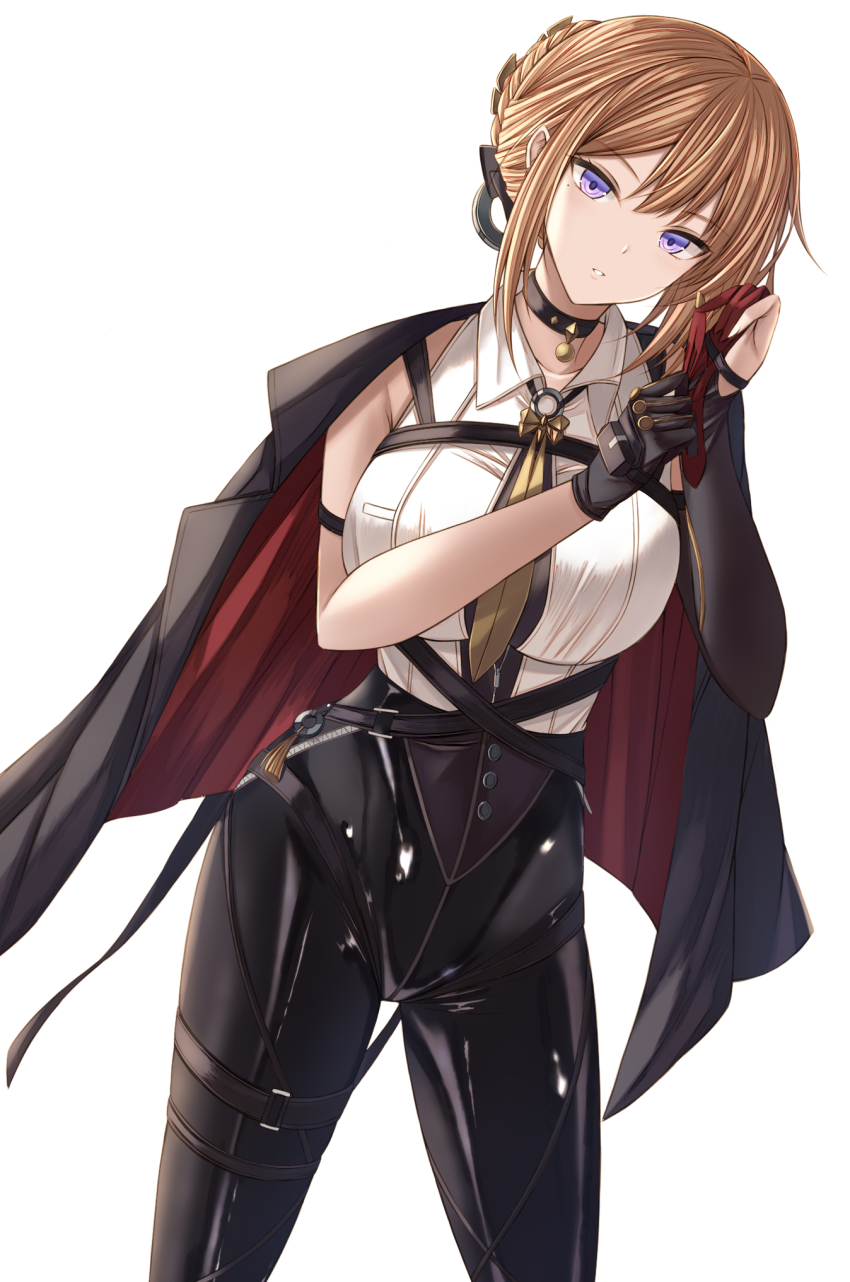 1girl asymmetrical_gloves black_choker black_gloves black_pants black_ribbon blonde_hair blush braid braided_bun breast_strap breasts chest_strap choker collarbone collared_shirt elbow_gloves evelyn_chevalier eyebrows_hidden_by_hair eyes_visible_through_hair fingerless_gloves gloves hair_bun hair_ornament hair_ribbon high-waist_pants highres jacket jacket_on_shoulders kanpyou_(hghgkenfany) large_breasts latex_pants light_smile long_hair long_ribbon looking_at_viewer multicolored_jacket open_clothes open_jacket pants purple_eyes red_jacket ribbon shirt sleeveless sleeveless_shirt solo standing teeth thigh_strap tight_clothes tight_pants uneven_gloves white_background white_shirt zenless_zone_zero