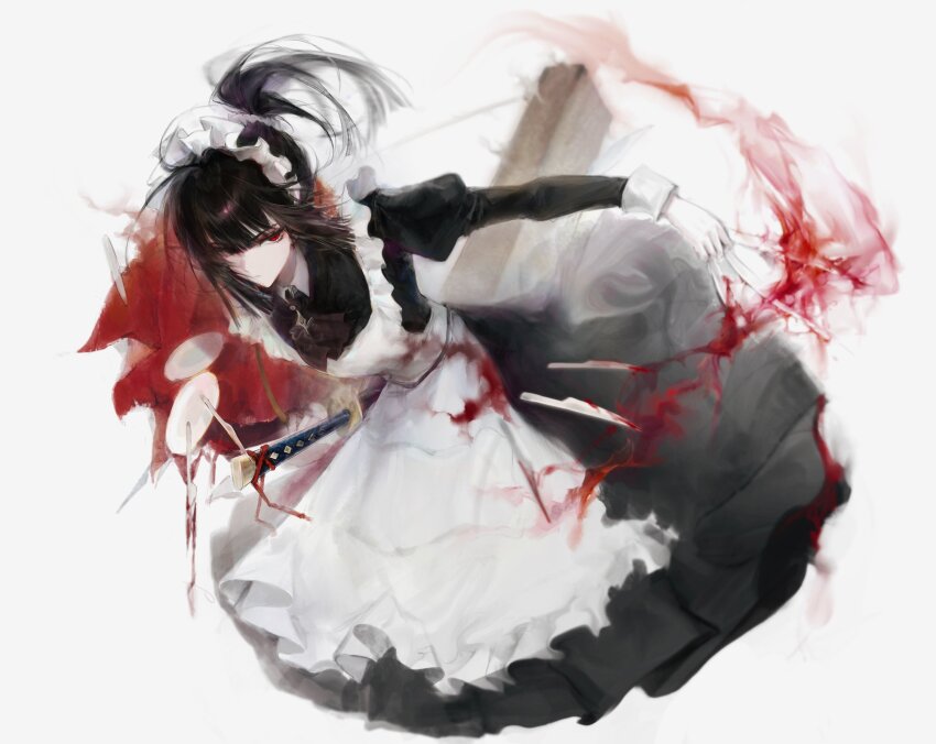 1girl apron black_dress black_hair blood blood_on_clothes dress frilled_apron frills full_body gloves hairband highres holding holding_sword holding_weapon juliet_sleeves limbus_company long_hair long_sleeves maid maid_headdress ootachi ponytail project_moon puffy_sleeves red_eyes ryoshu_(project_moon) simple_background solo sword taoer. weapon white_apron white_background white_gloves white_hairband wuthering_heights_(identity)_(project_moon)