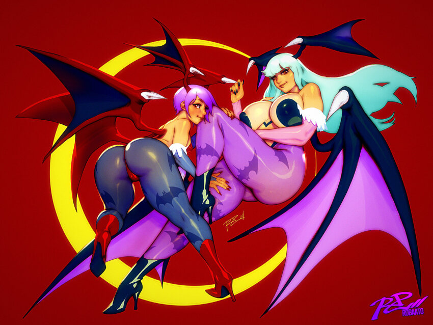2girls animal_print ass bare_shoulders bat_print bat_wings boots breasts bridal_gauntlets cleavage crescent_moon darkstalkers demon_girl demon_wings green_hair head_wings high_heel_boots high_heels highres huge_breasts large_breasts leotard lilith_(darkstalkers) long_hair looking_at_viewer low_wings moon morrigan_aensland multiple_girls nail_polish oversized_wings pantyhose print_pantyhose purple_hair purple_pantyhose red_background red_eyes red_leotard red_wings robaato shoes short_hair siblings sisters smile thick_thighs thighs wings