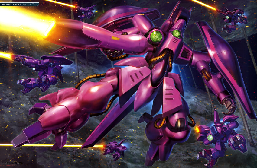 absurdres alternate_form asteroid axis_(gundam) battle beam_cannon box_art cable energy_beam firing fleet gaza-c gundam gundam_zz gunpla highres machinery mecha mecha_focus mobile_suit model_kit neo_zeon no_humans official_art one-eyed realistic robot scan science_fiction shield signature space tenjin_hidetaka traditional_media transformation zero_gravity zeta_gundam