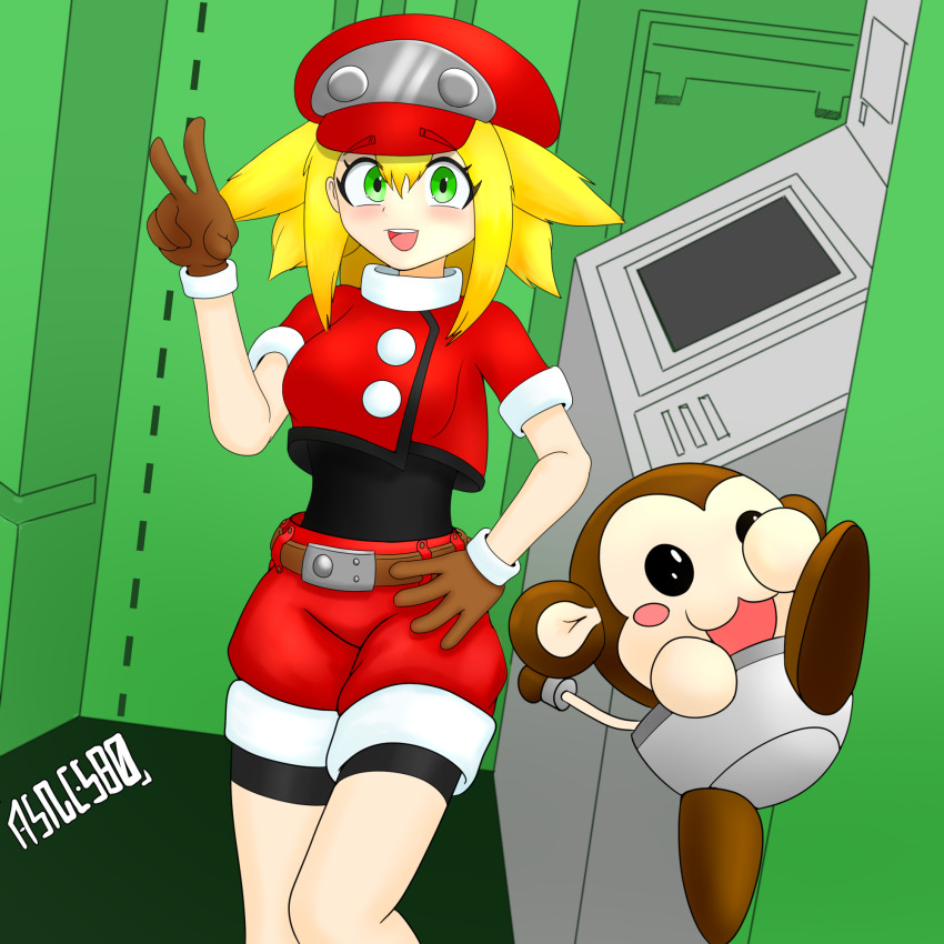 1girl :3 animal asnesbo belt bike_shorts bike_shorts_under_shorts black_shirt blonde_hair blush breasts brown_belt brown_gloves capcom computer data_(mega_man) gloves green_eyes hand_on_own_hip hat highres jacket looking_at_viewer medium_breasts mega_man_(series) mega_man_legends_(series) monkey open_mouth red_hat red_jacket red_shorts robot roll_caskett_(mega_man) shirt short_hair short_sleeves shorts smile standing teeth v