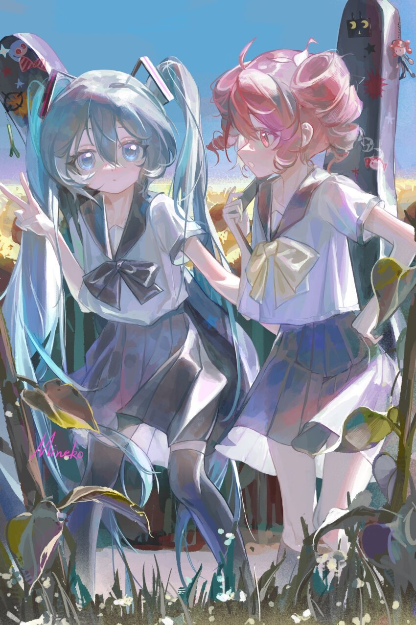 2girls ahoge aimaina black_ribbon black_skirt black_thighhighs blue_eyes blue_hair day drill_hair flat_chest grass hatsune_miku hibana_(vocaloid) highres hito_mania_(utau) igaku_(utau) kasane_teto long_hair mesmerizer_(vocaloid) multiple_girls musekinin_shuugoutai_(synthesizer_v) neck_ribbon outdoors red_eyes red_hair ribbon sailor_collar school_uniform shirt skirt sky spring_onion thighhighs twin_drills twintails utau vocaloid white_shirt wusubamineko yellow_ribbon