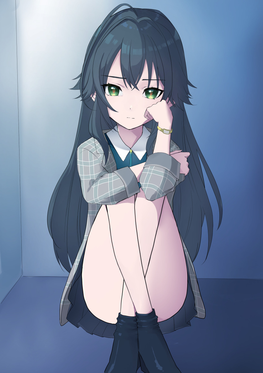 1girl absurdres black_hair black_skirt black_socks blue_shirt closed_mouth collared_shirt commentary_request convenient_leg crossed_legs dress_shirt gakuen_idolmaster green_eyes grey_jacket hair_between_eyes highres idolmaster indoors jacket knees_up long_hair long_sleeves looking_at_viewer mishima_ryo no_shoes open_clothes open_jacket plaid_clothes plaid_jacket pleated_skirt shirt sitting skirt socks solo thighs tsukimura_temari very_long_hair watch wristwatch