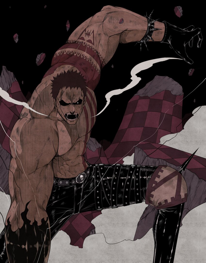 1boy abs arm_tattoo bake_ryori belt black_gloves black_pants bracelet bright_pupils charlotte_katakuri debris gloves highres jewelry knee_spikes leg_belt male_focus multiple_belts muscular muscular_male one_piece open_mouth pants pectorals short_hair smoke solo spiked_bracelet spikes studded_belt tattoo topless_male white_pupils