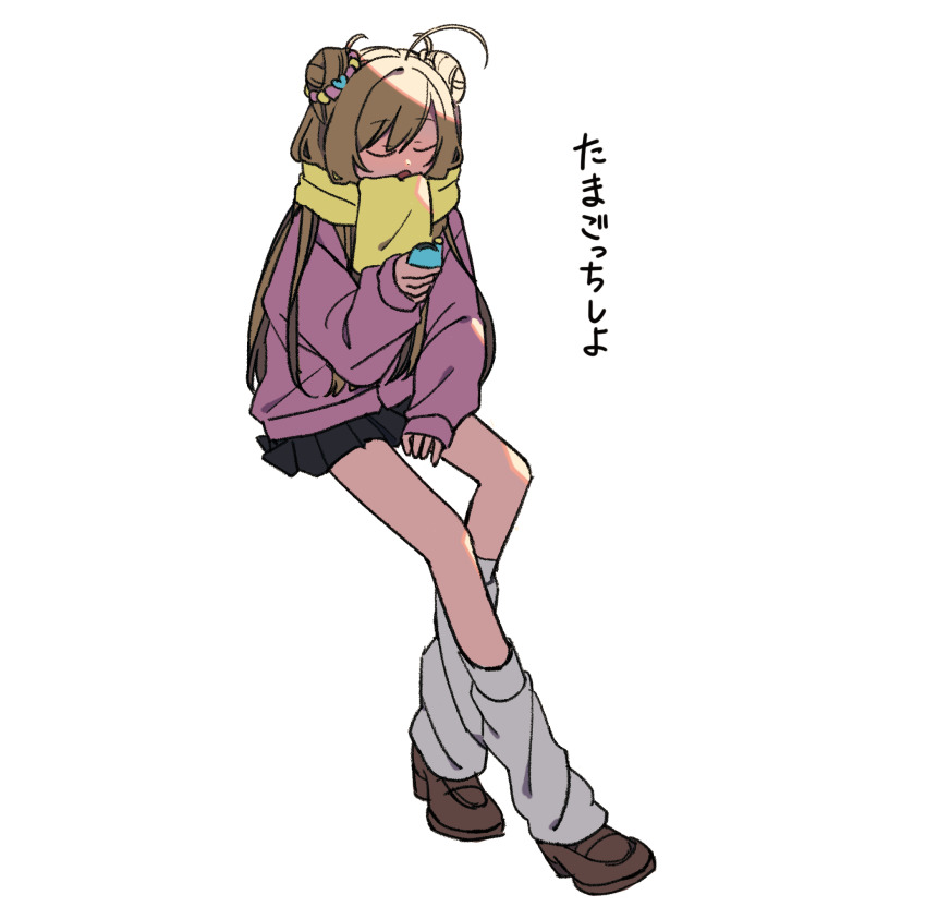 1girl ahoge alternate_costume black_skirt brown_hair brown_shoes cardigan closed_eyes commentary_request double_bun enpera full_body hair_bun hand_on_lap highres holding holding_toy idolmaster idolmaster_cinderella_girls invisible_chair leg_warmers loafers long_hair long_sleeves miniskirt open_mouth pink_cardigan pleated_skirt sato_shin scarf school_uniform shoes side_up_bun simple_background sitting skirt solo tamagotchi tamagotchi_(virtual_pet) tamagotchi_plus toy translation_request virtual_pet_(toy) white_background yawarakai_inu yellow_scarf