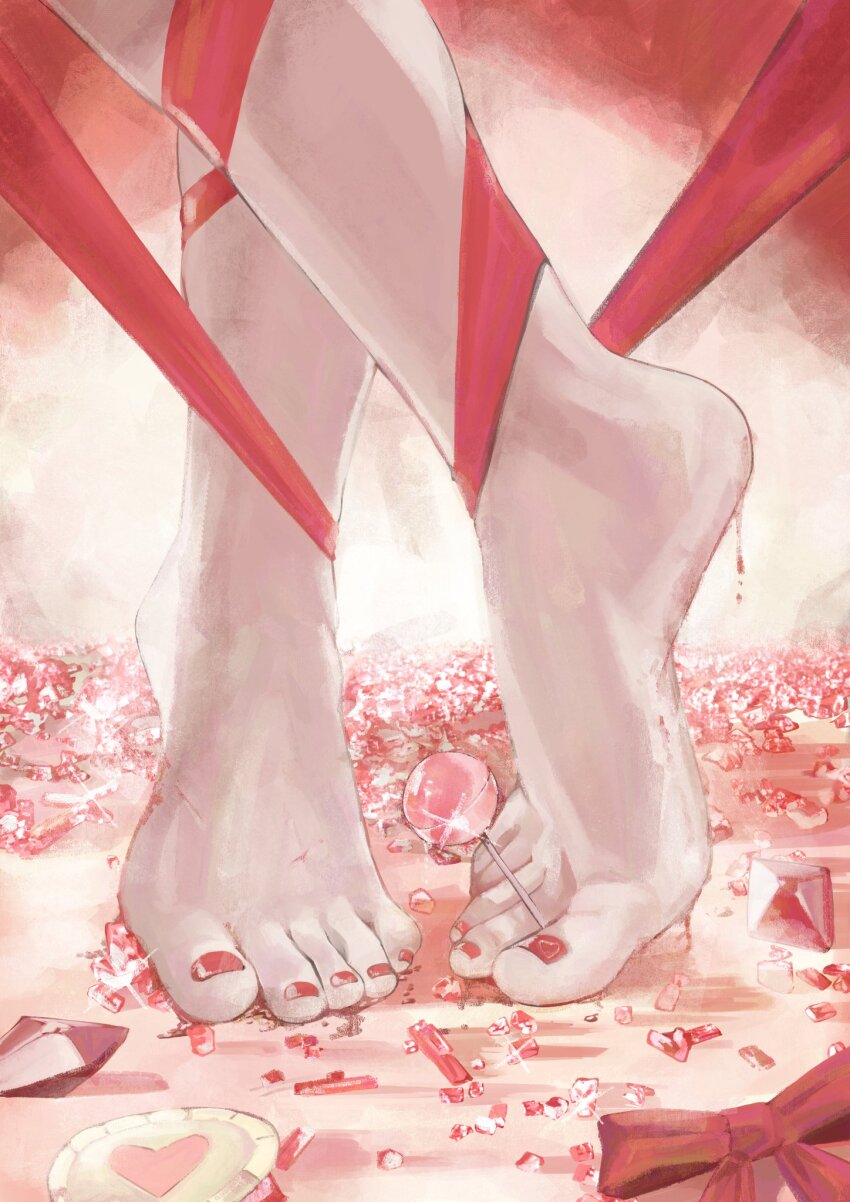 1girl barefoot between_toes blaise_shinryu bow candy commentary commission crossed_ankles english_commentary feet feet_only food foot_focus highres holding holding_candy holding_food holding_lollipop holding_with_feet indie_virtual_youtuber lollipop nail_polish pupi_(rain_prophet) red_bow red_nails red_ribbon ribbon second-party_source solo sparkle tiptoes toenail_polish toenails toes virtual_youtuber