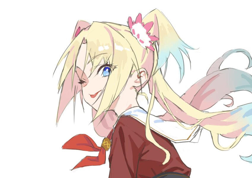1girl ;) ;p absurdres blonde_hair blue_eyes blue_hair brown_dress commentary_request dress floating_neckwear flower gradient_hair hair_flower hair_ornament hasu_no_sora_school_uniform highres link!_like!_love_live! long_hair long_sleeves looking_at_viewer looking_back love_live! multicolored_hair neckerchief one_eye_closed osawa_rurino parted_bangs pink_flower red_neckerchief sailor_collar sailor_dress school_uniform simple_background smile solo sunkeun tongue tongue_out twintails upper_body virtual_youtuber white_background white_sailor_collar winter_uniform