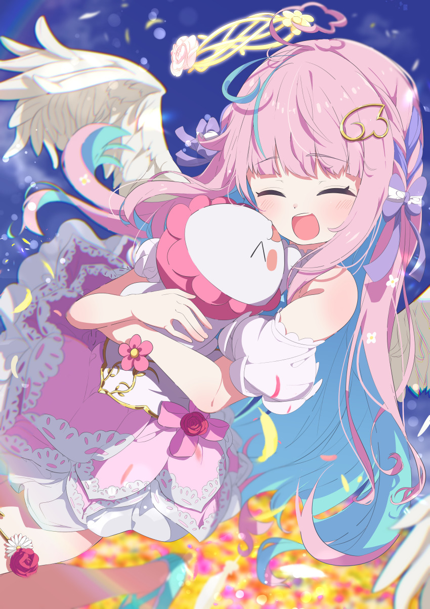 1girl :d absurdres ahoge angel_wings animal animal_hug bare_shoulders blue_hair blue_shoes blush bow braid closed_eyes colored_inner_hair commission detached_sleeves dress feathered_wings flower hair_bow hair_ornament halo heart highres holding long_hair multicolored_hair open_mouth original pink_dress pink_hair pink_skirt puffy_short_sleeves puffy_sleeves shiro9jira shoes short_sleeves skeb_commission skirt smile solo streaked_hair teeth two-tone_hair upper_teeth_only virtual_youtuber white_wings wings