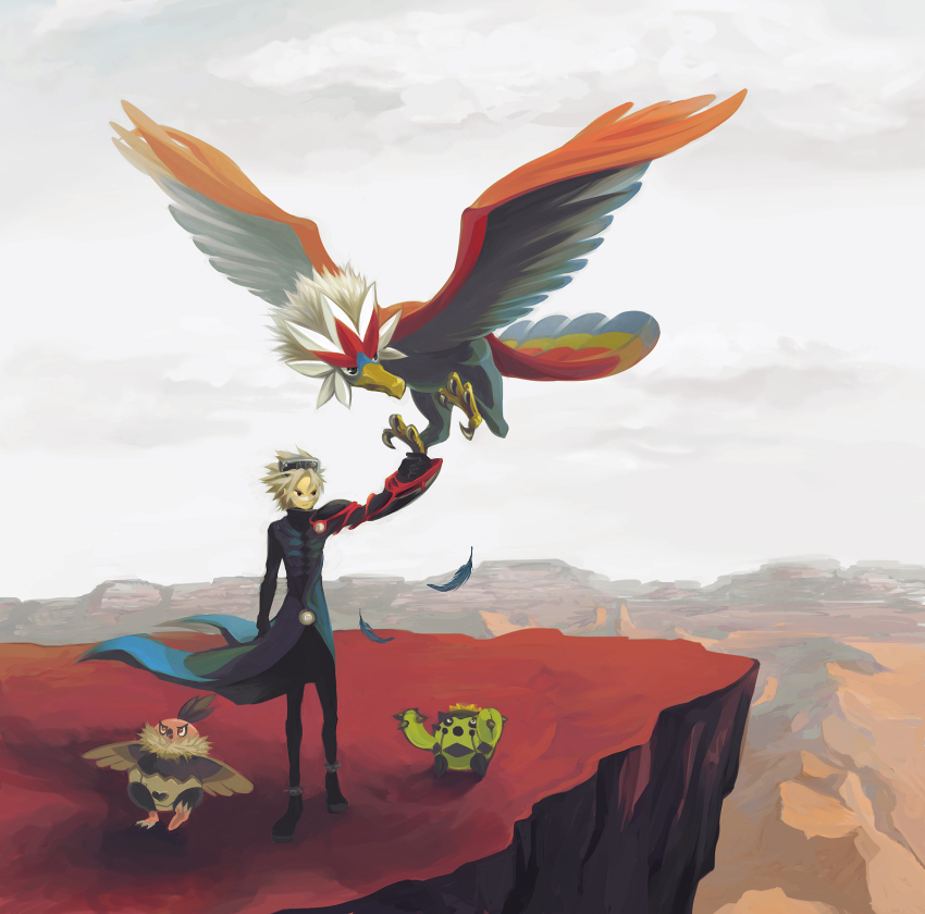 00s 1boy black_eyes braviary cacnea canyon cliff coat day feathers flying frostz gen_3_pokemon gen_5_pokemon grey_hair highres markings mountain nintendo pokemon pokemon_(creature) pokemon_colosseum scenery sky sor_(eliminate) vullaby wes_(pokemon)