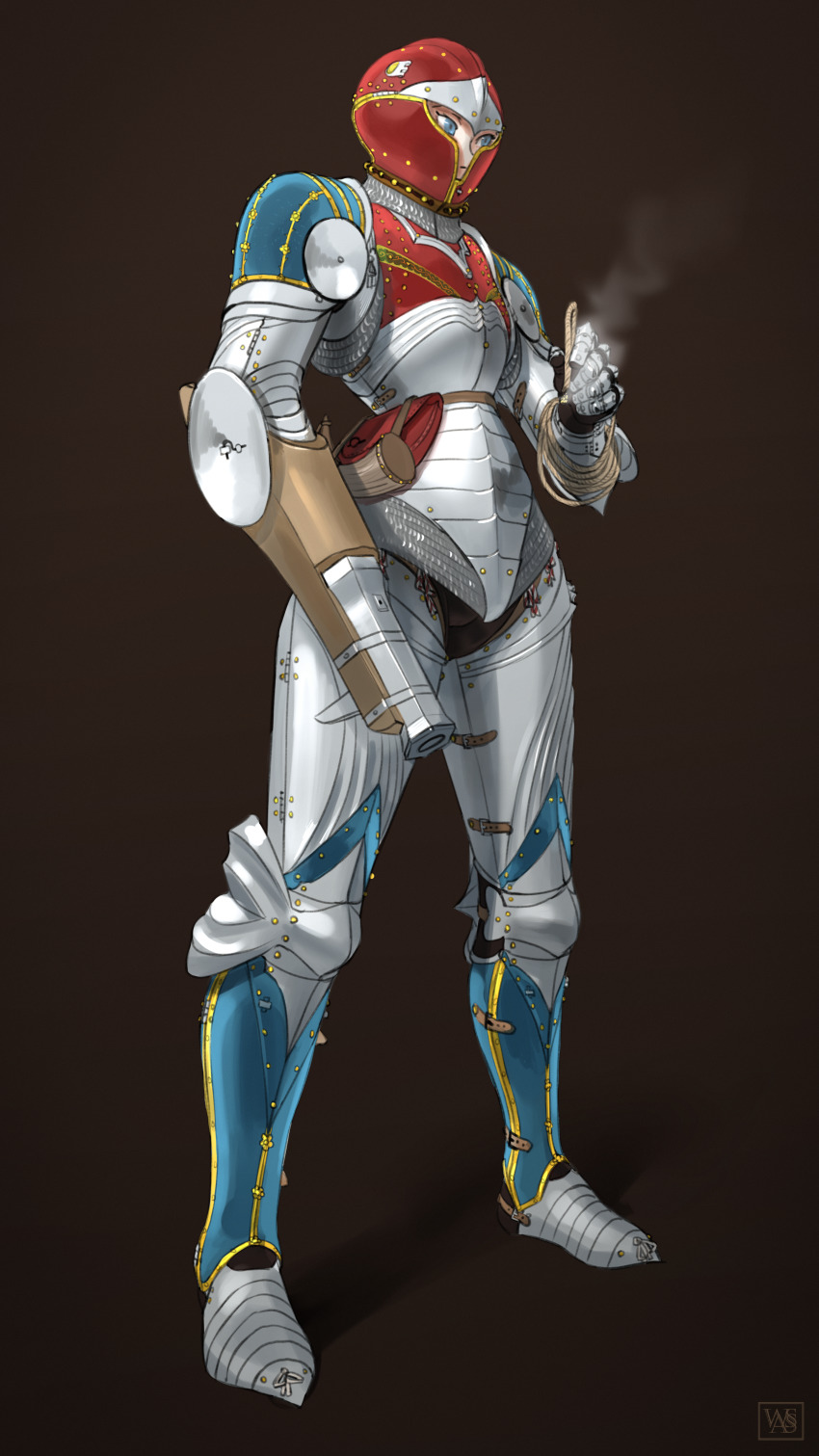 1girl absurdres adapted_costume antique_firearm arm_cannon armor bad_id bad_pixiv_id blue_eyes boots breastplate female_knight firearm full_armor full_body gauntlets gloves gun helmet highres holding holding_weapon knight medieval metroid metroid_dread nintendo normal_suit_(metroid) pauldrons plate_armor powder_horn power_suit_(metroid) rope sabaton samus_aran shoulder_armor simple_background solo wass_nonnam weapon
